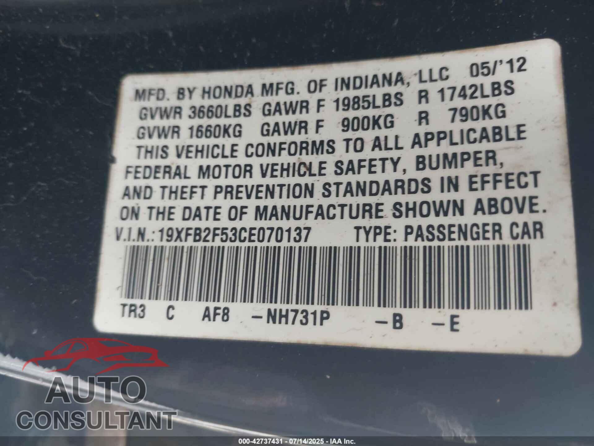 HONDA CIVIC 2012 - 19XFB2F53CE070137