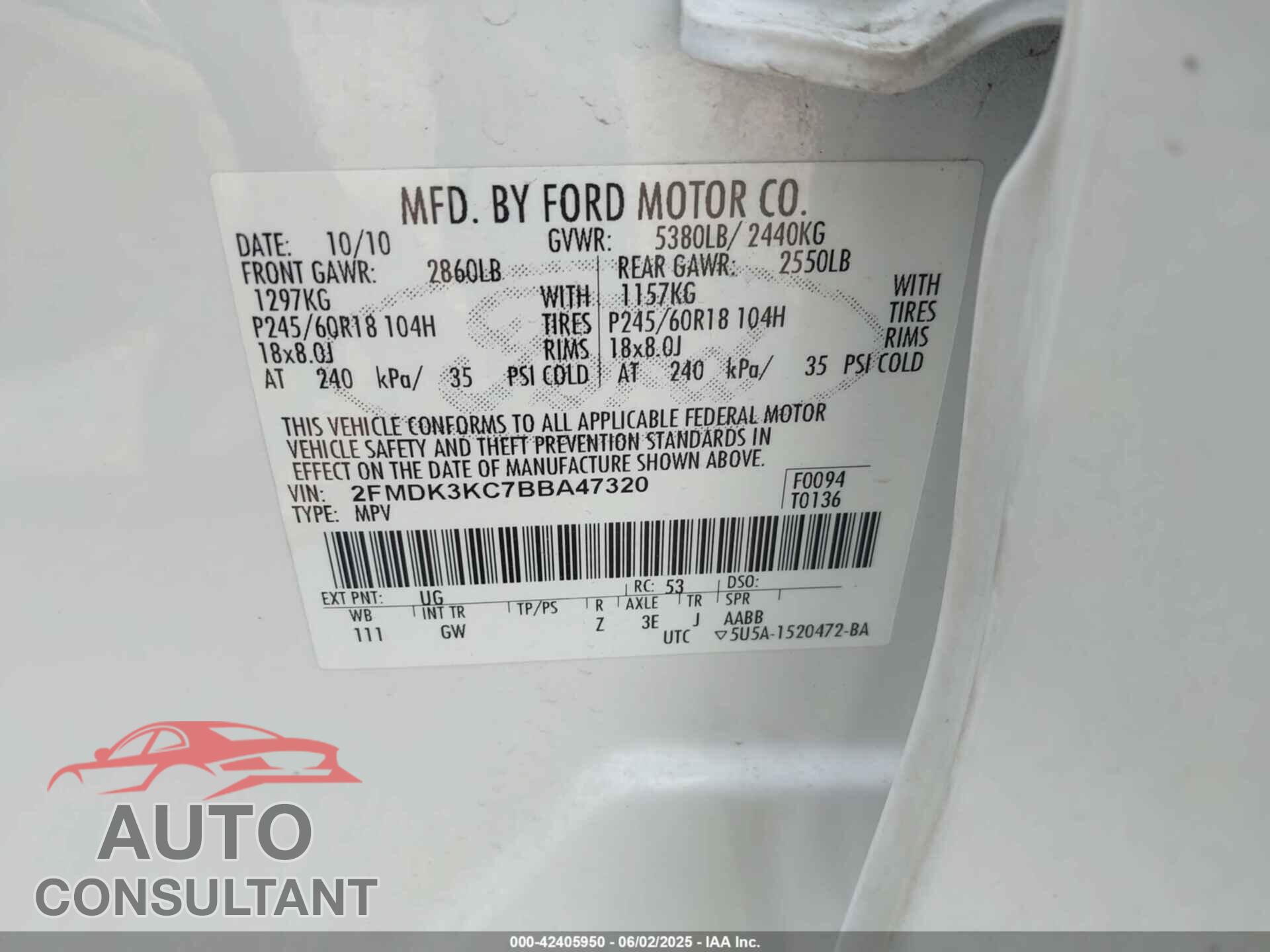 FORD EDGE 2011 - 2FMDK3KC7BBA47320