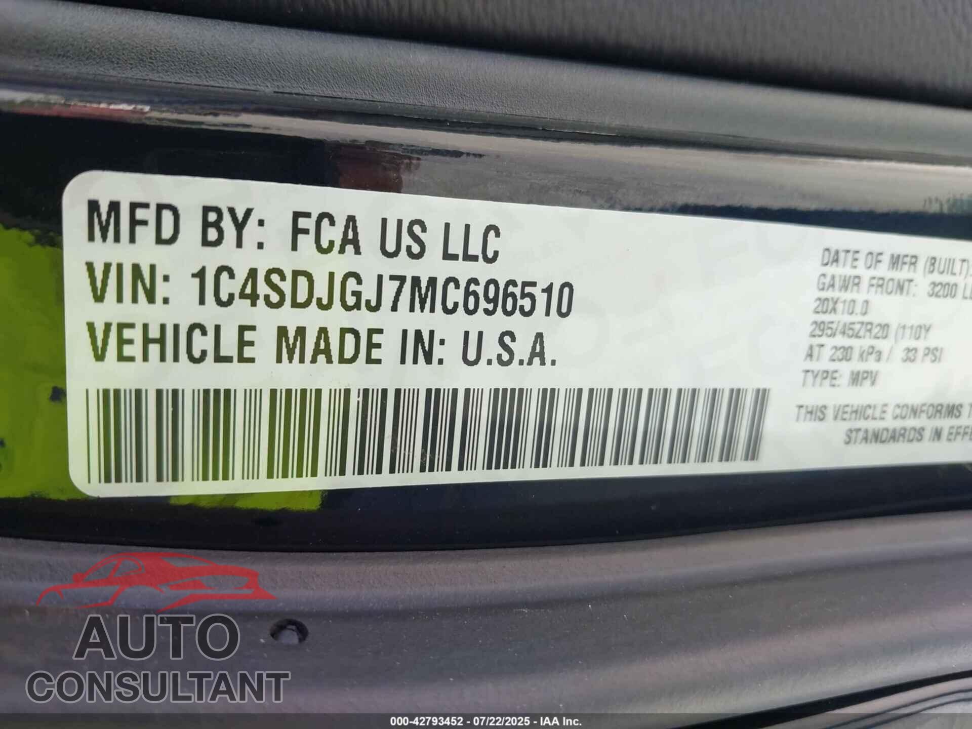 DODGE DURANGO 2021 - 1C4SDJGJ7MC696510