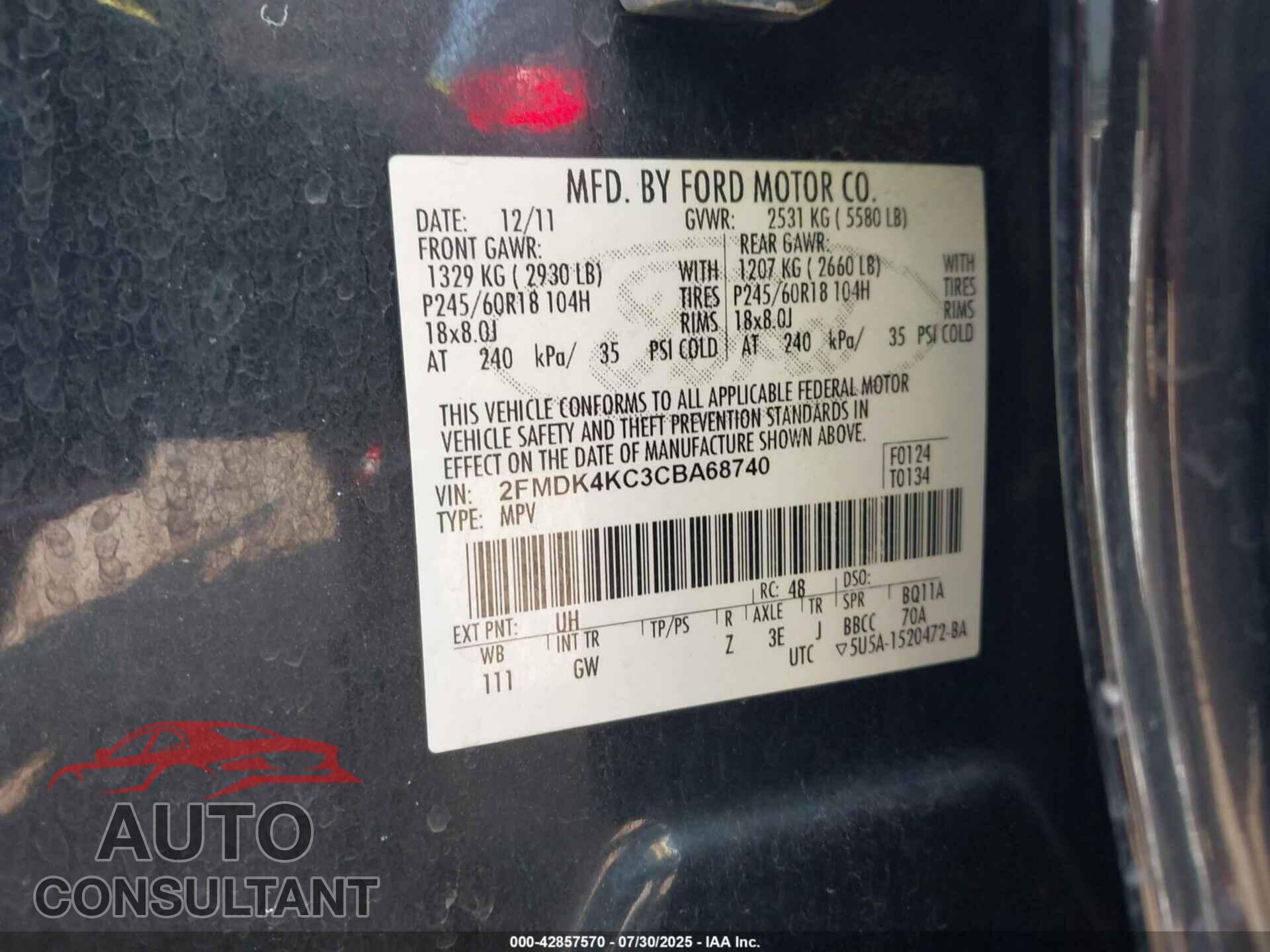 FORD EDGE 2012 - 2FMDK4KC3CBA68740