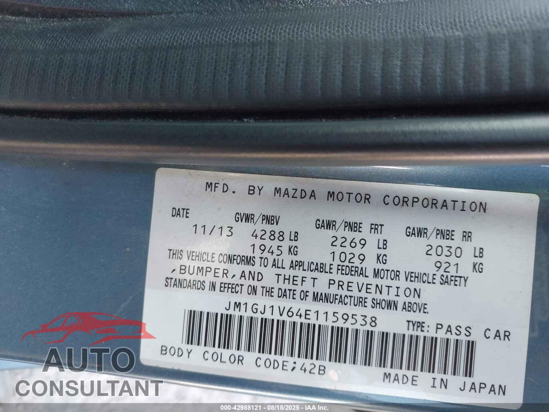 MAZDA MAZDA6 2014 - JM1GJ1V64E1159538