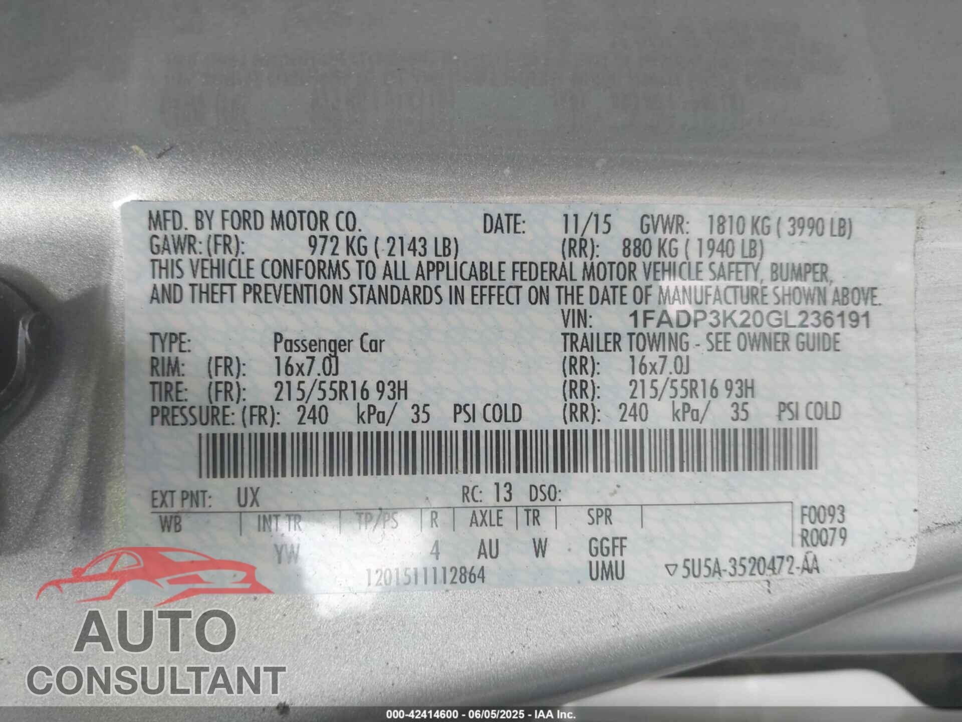 FORD FOCUS 2016 - 1FADP3K20GL236191