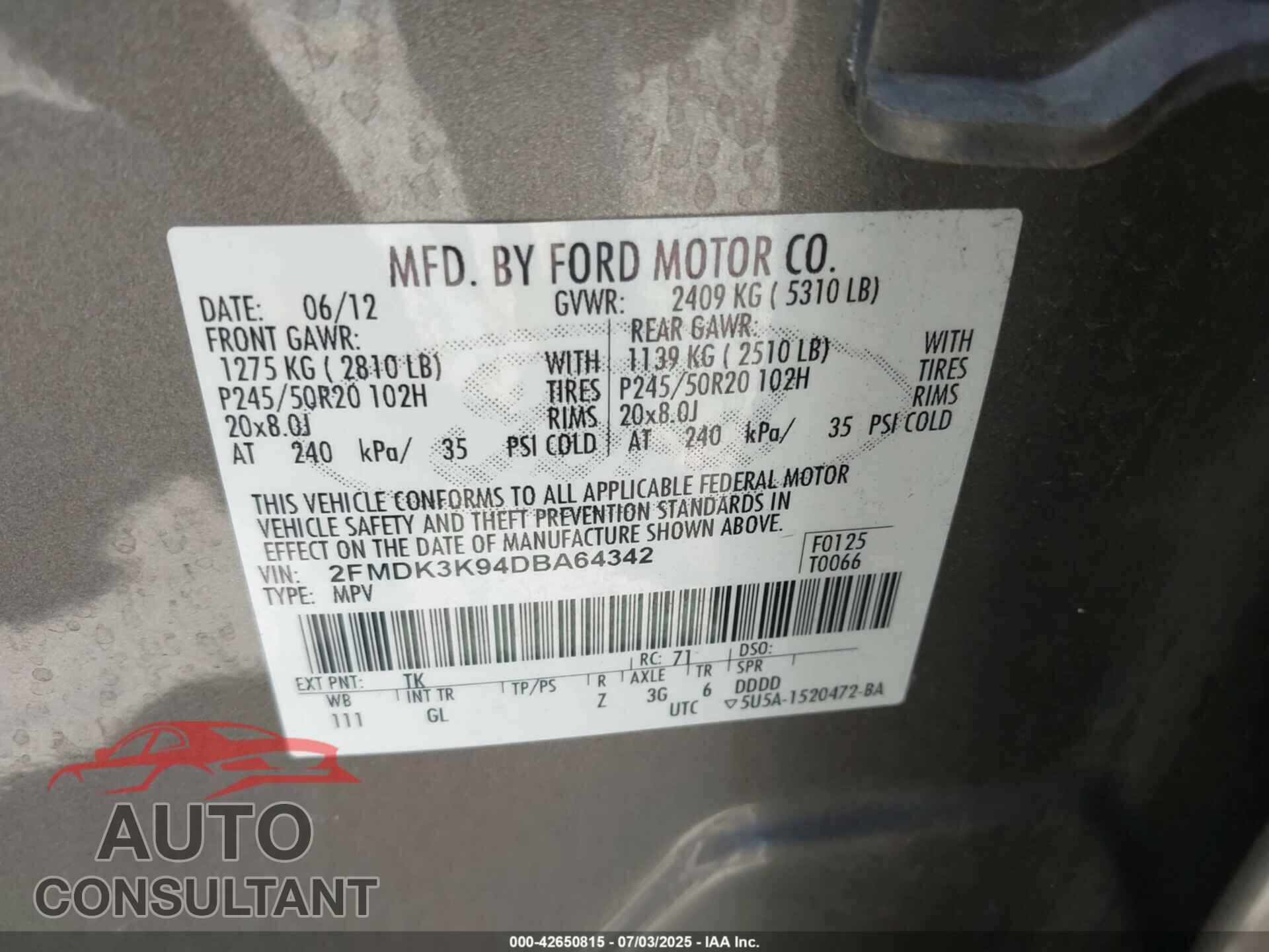 FORD EDGE 2013 - 2FMDK3K94DBA64342