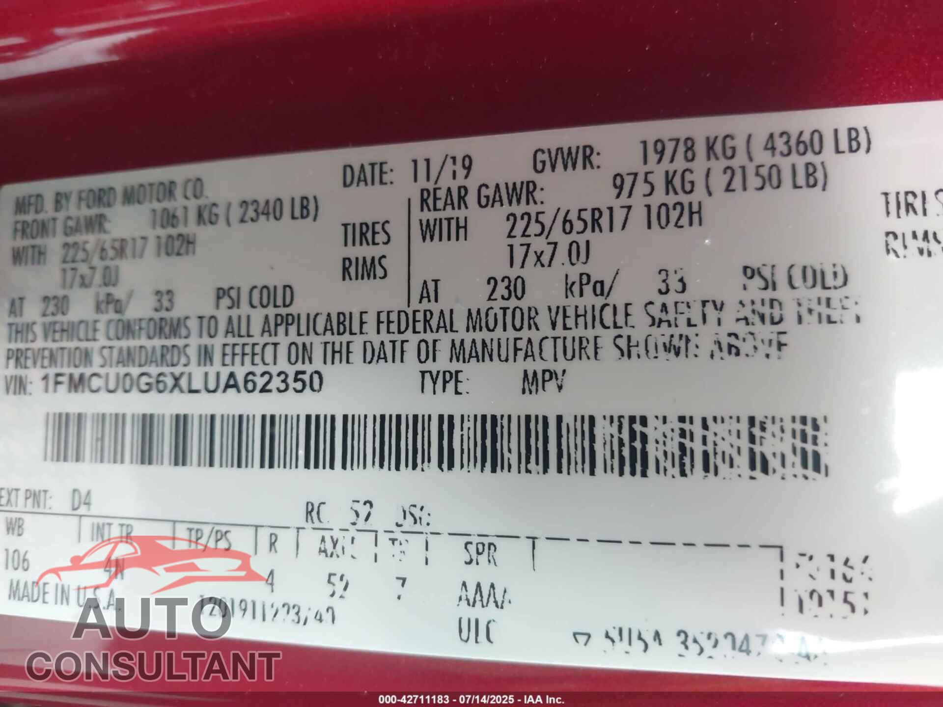 FORD ESCAPE 2020 - 1FMCU0G6XLUA62350