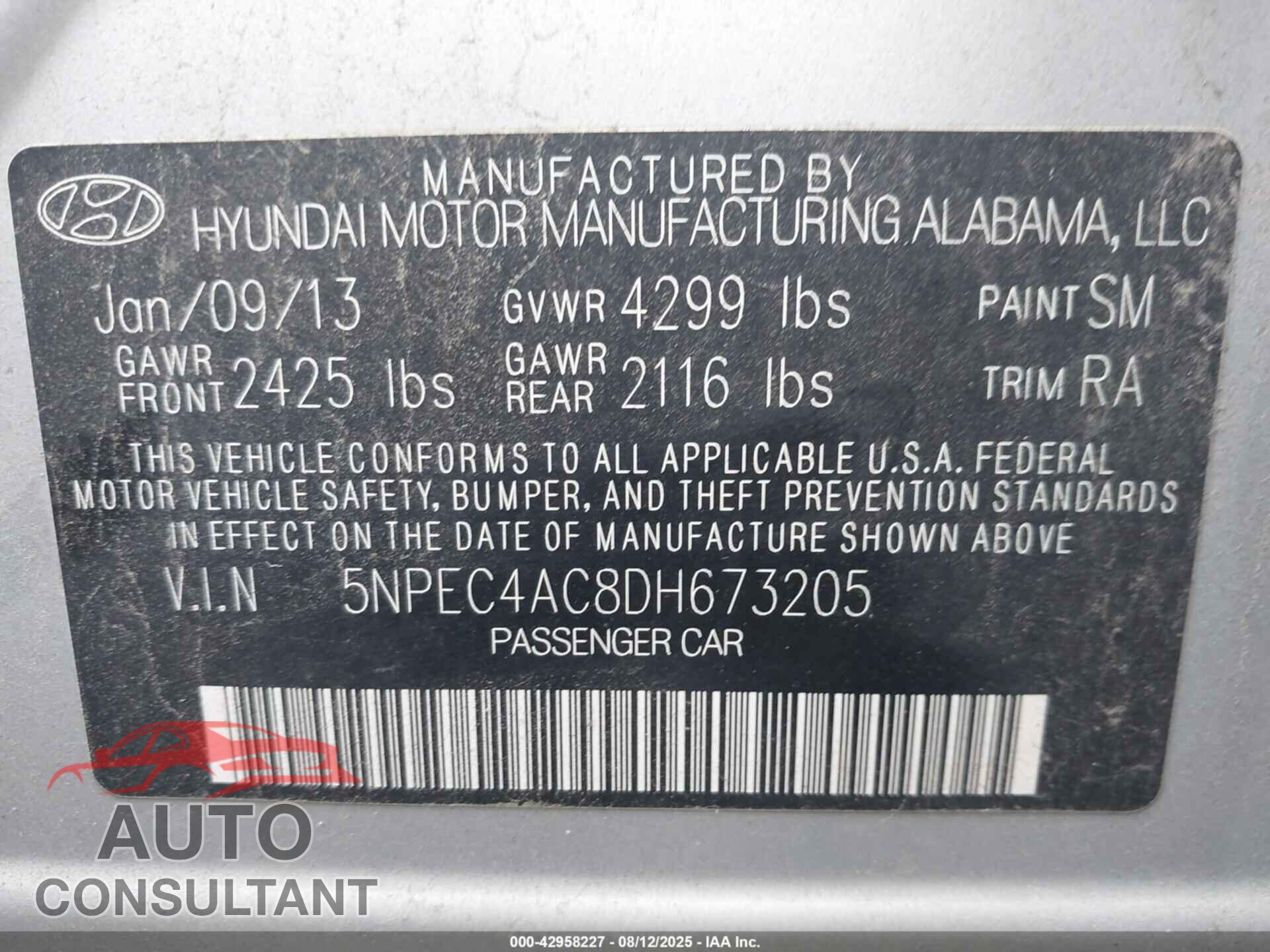 HYUNDAI SONATA 2013 - 5NPEC4AC8DH673205