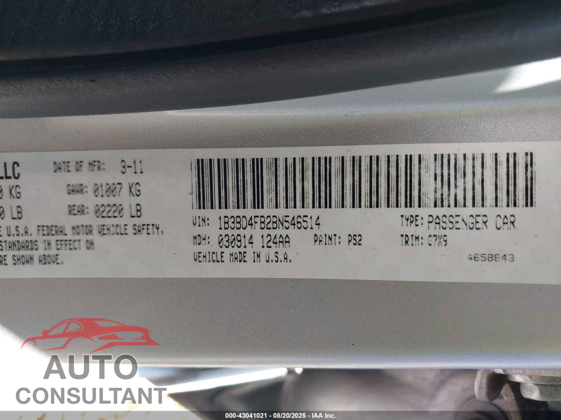 DODGE AVENGER 2011 - 1B3BD4FB2BN546514