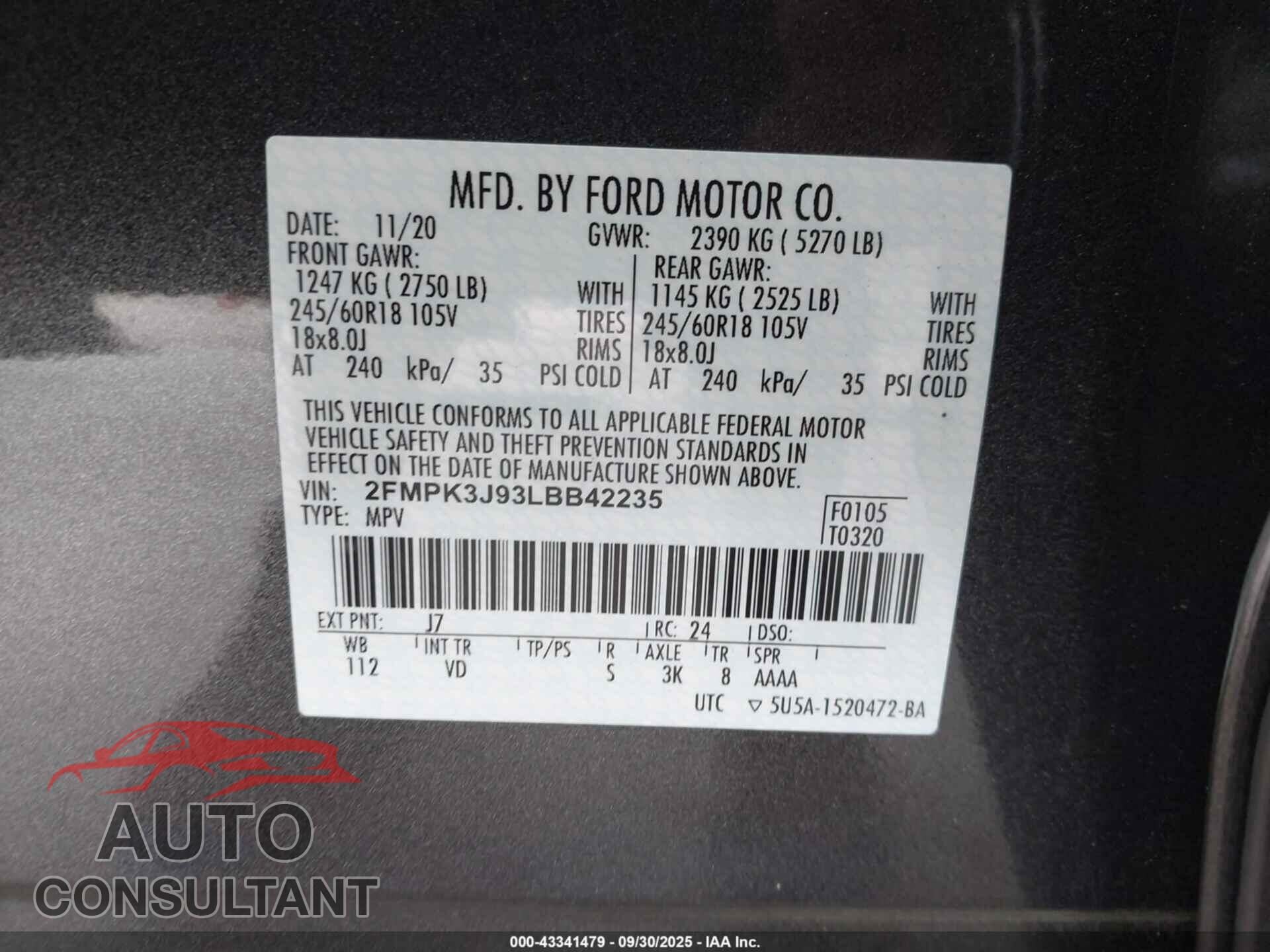 FORD EDGE 2020 - 2FMPK3J93LBB42235