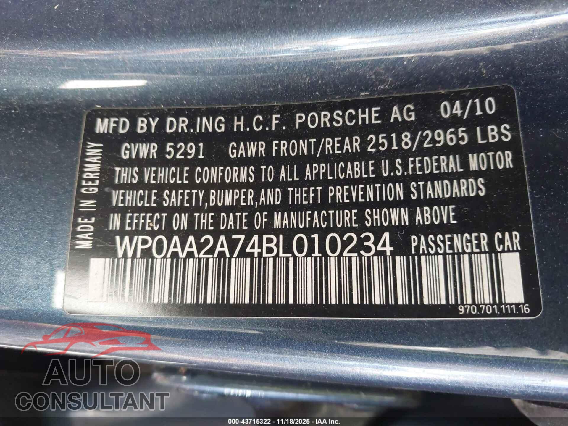 PORSCHE PANAMERA 2011 - WP0AA2A74BL010234