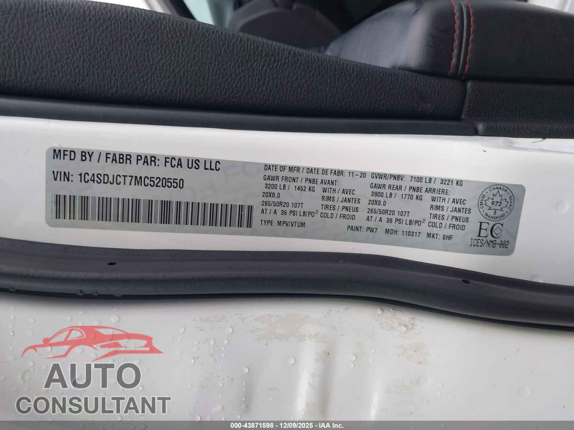 DODGE DURANGO 2021 - 1C4SDJCT7MC520550