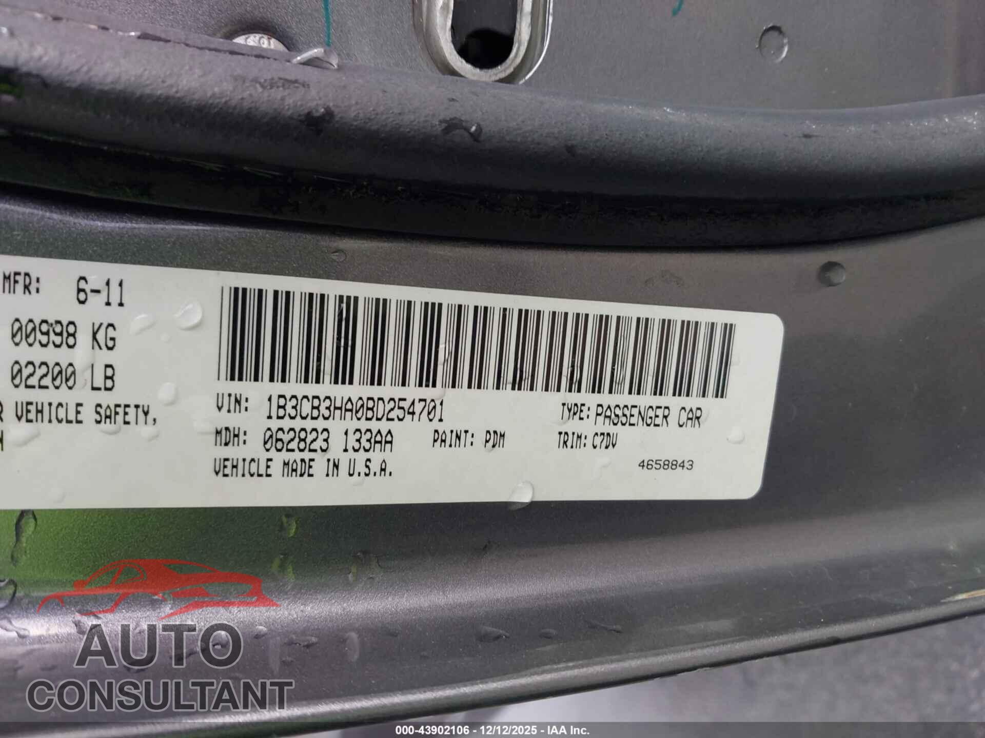 DODGE CALIBER 2011 - 1B3CB3HA0BD254701
