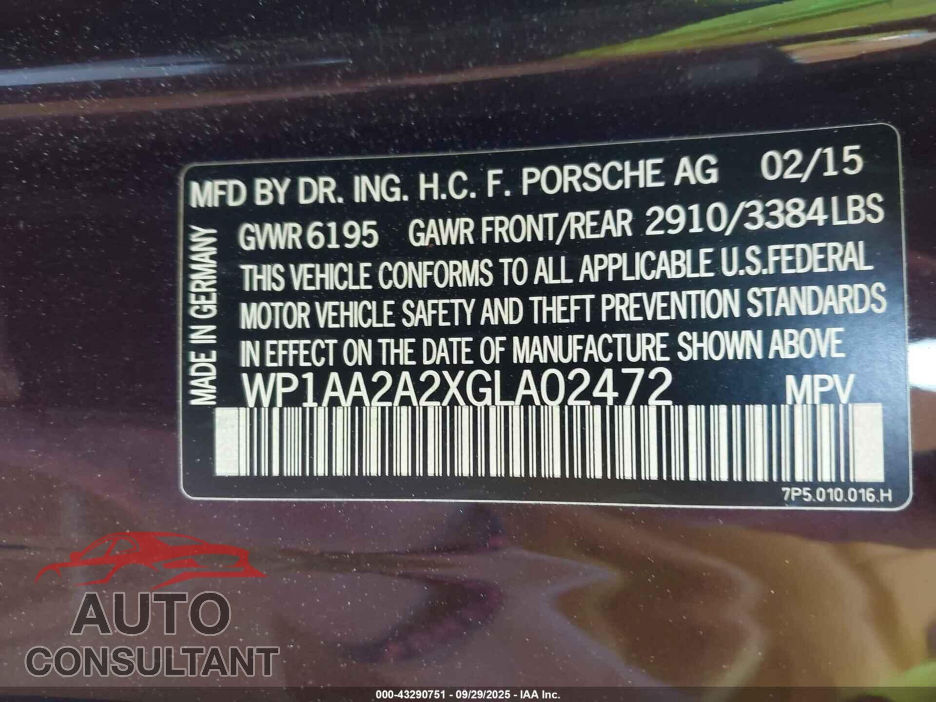 PORSCHE CAYENNE 2016 - WP1AA2A2XGLA02472