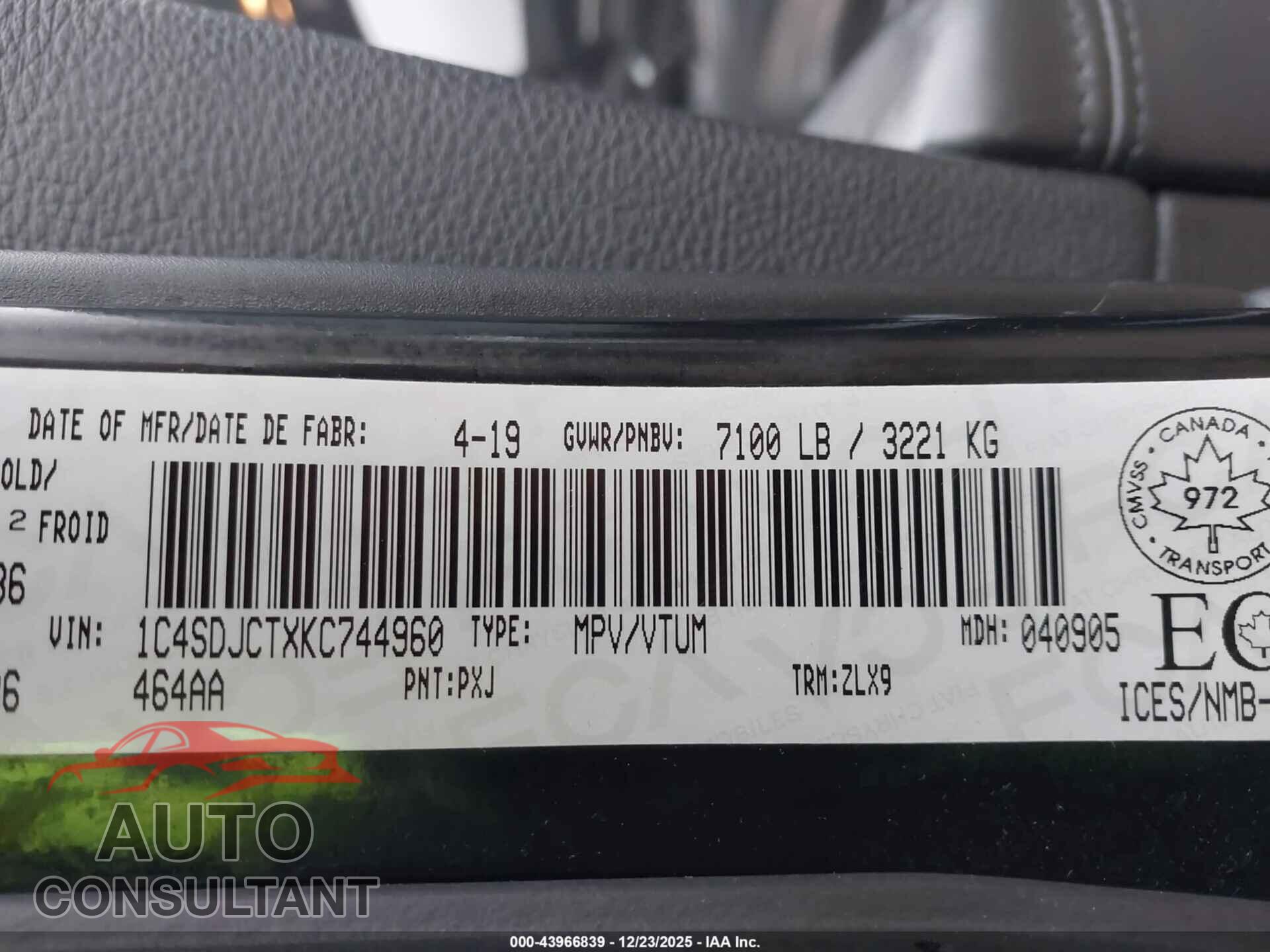 DODGE DURANGO 2019 - 1C4SDJCTXKC744960
