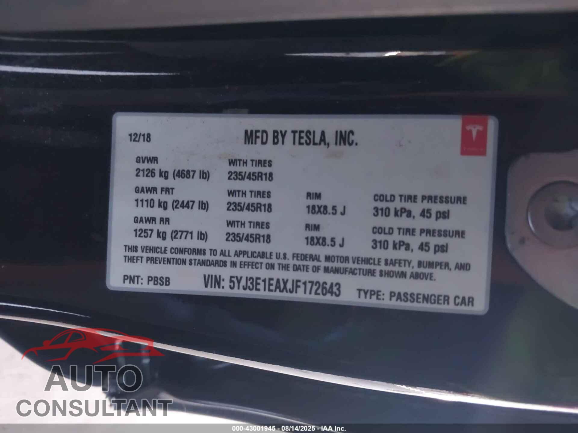 TESLA MODEL 3 2018 - 5YJ3E1EAXJF172643