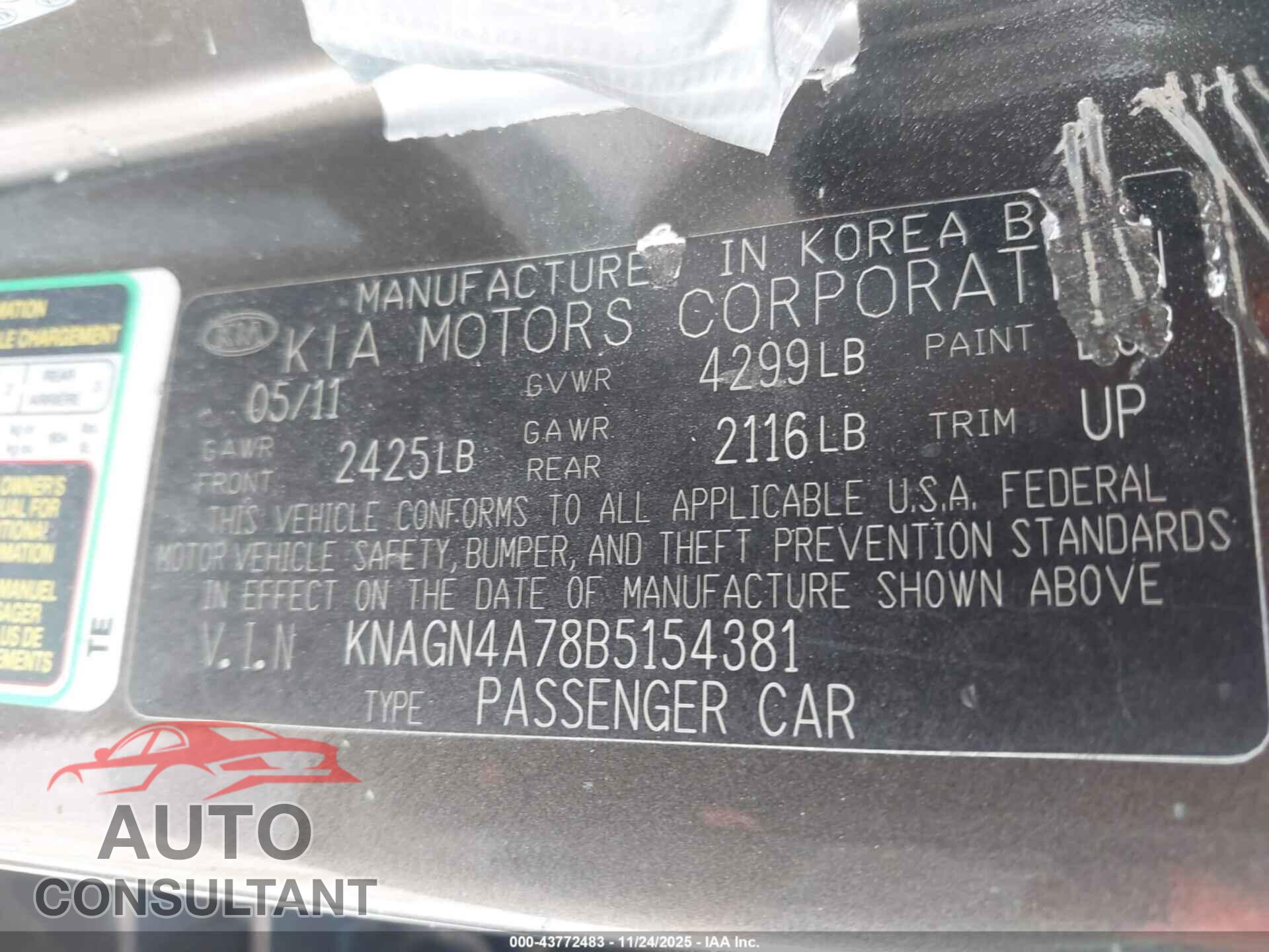 KIA OPTIMA 2011 - KNAGN4A78B5154381