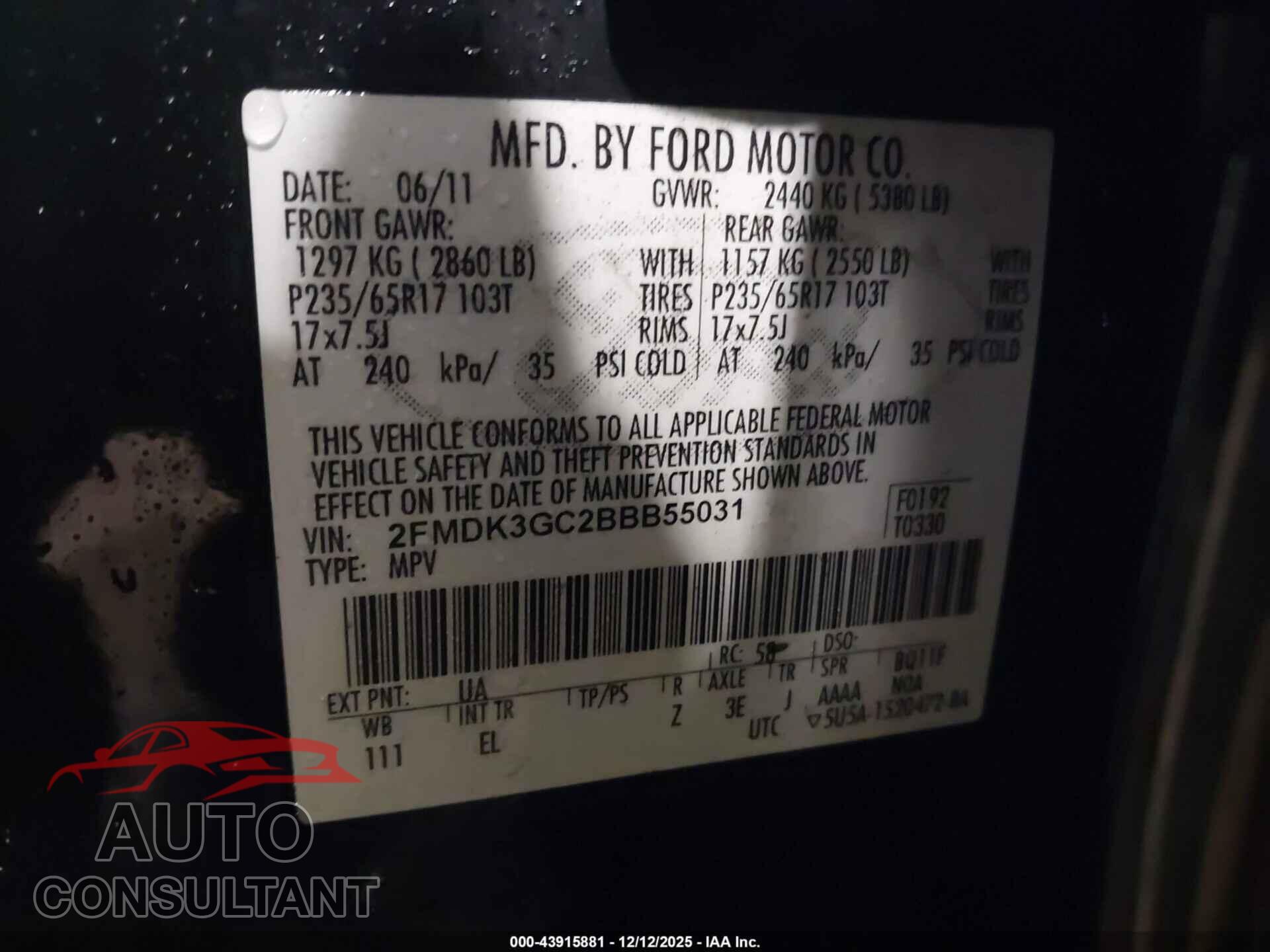 FORD EDGE 2011 - 2FMDK3GC2BBB55031