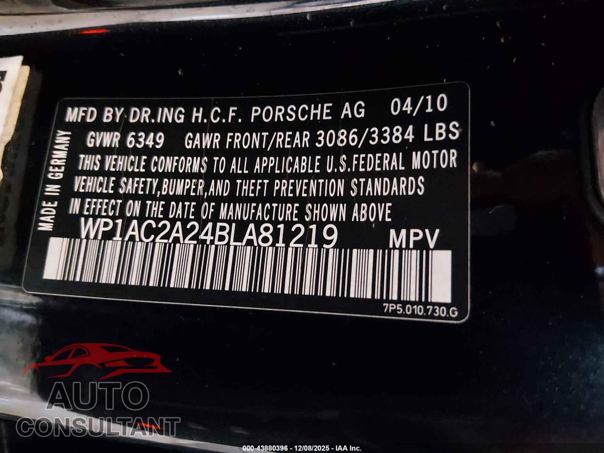 PORSCHE CAYENNE 2011 - WP1AC2A24BLA81219