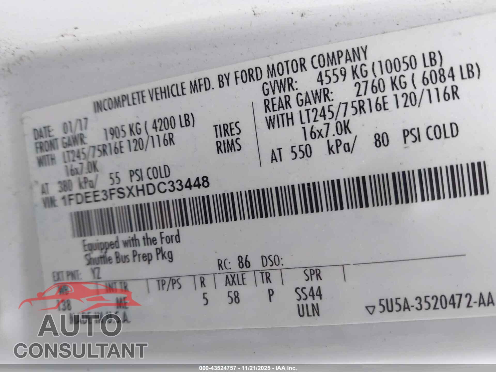 FORD E-350 CUTAWAY 2017 - 1FDEE3FSXHDC33448