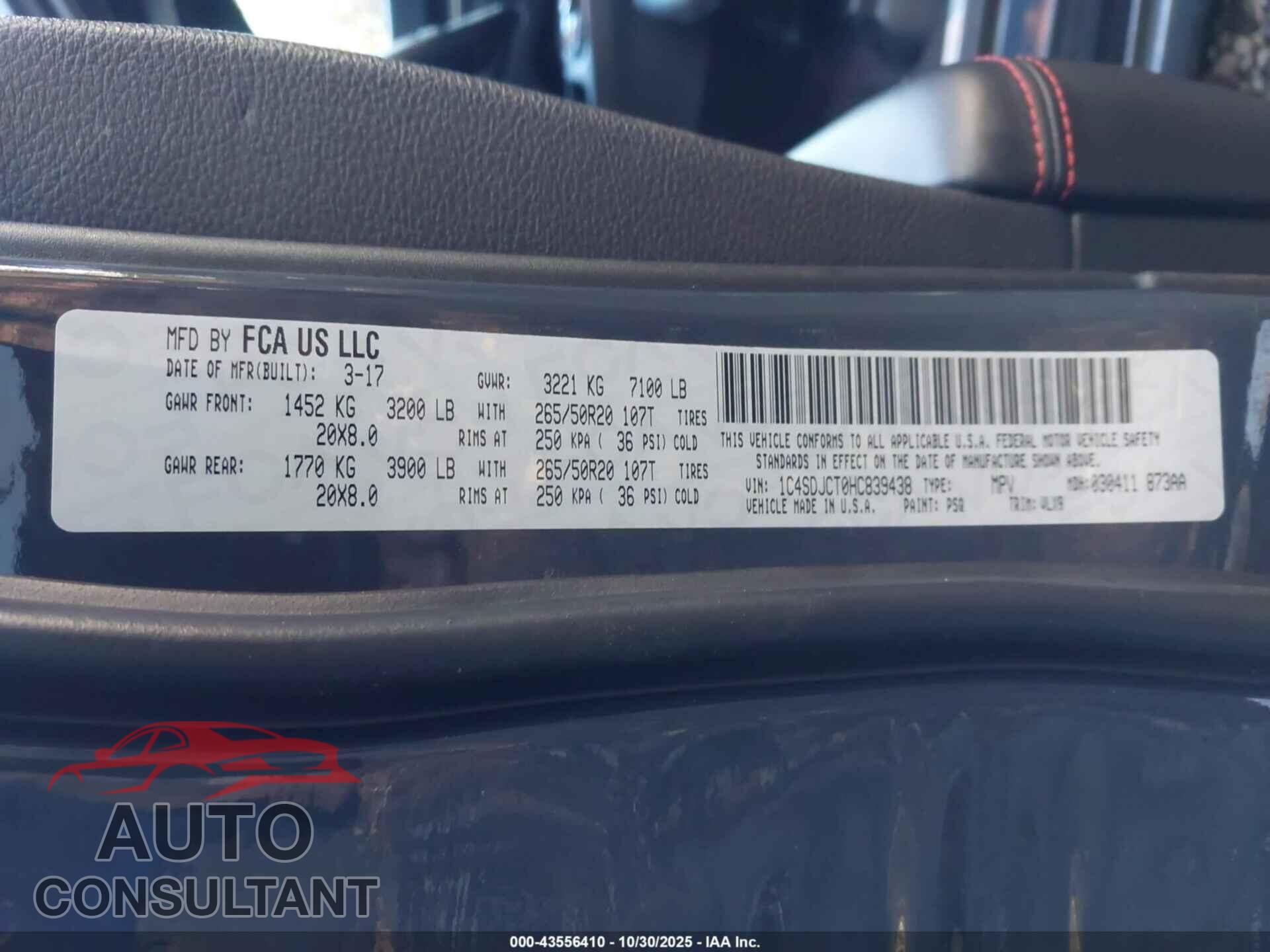 DODGE DURANGO 2017 - 1C4SDJCT0HC839438