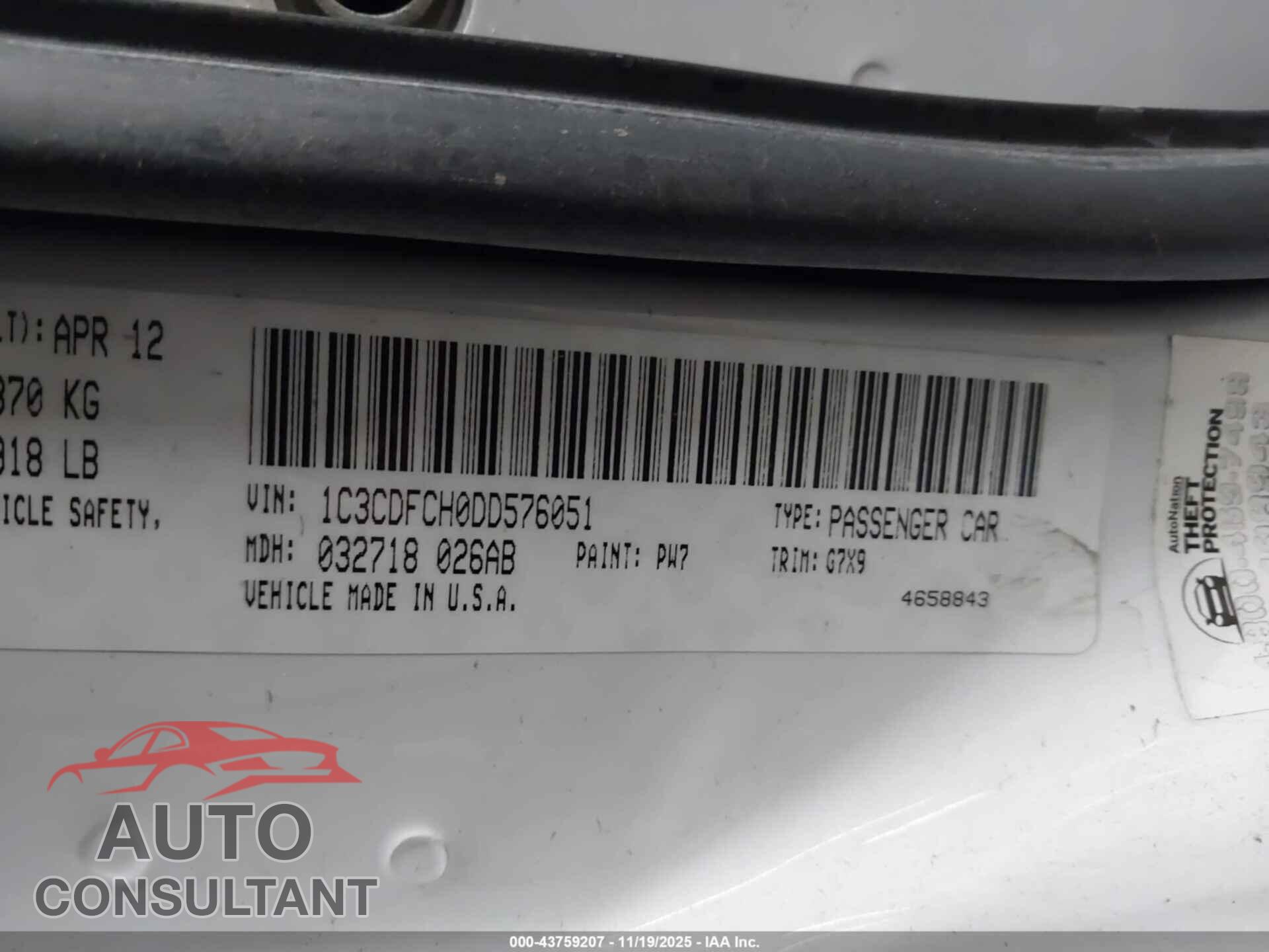 DODGE DART 2013 - 1C3CDFCH0DD576051