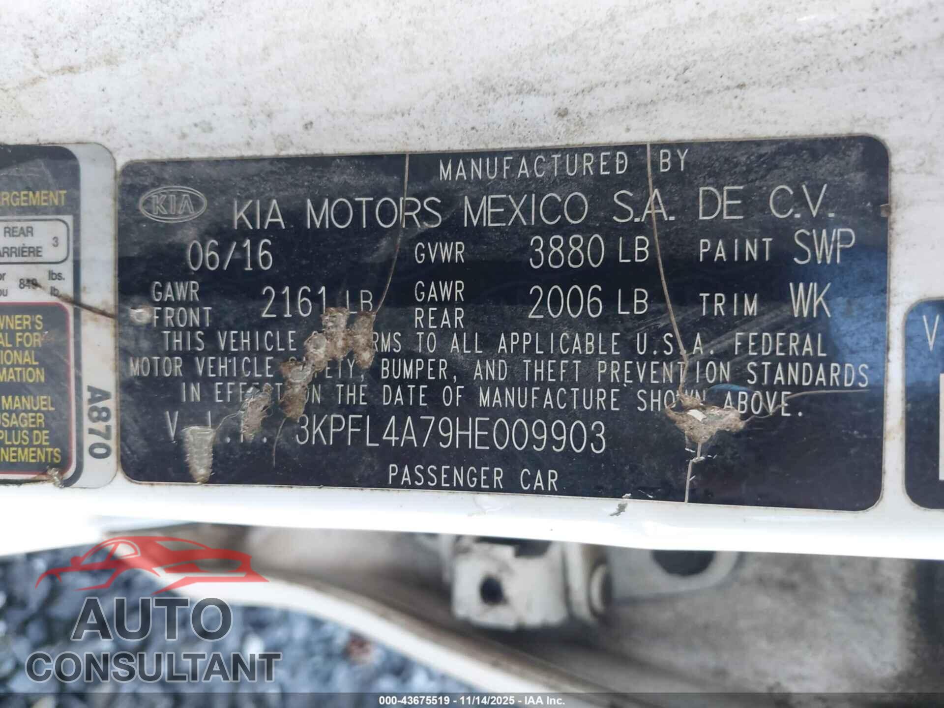 KIA FORTE 2017 - 3KPFL4A79HE009903