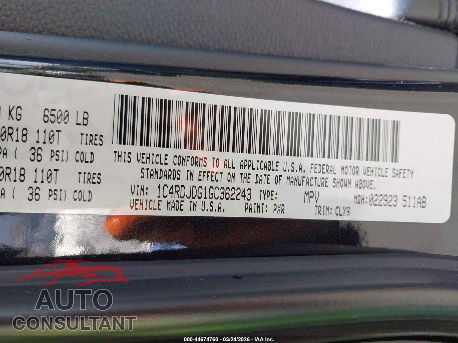 DODGE DURANGO 2016 - 1C4RDJDG1GC362243