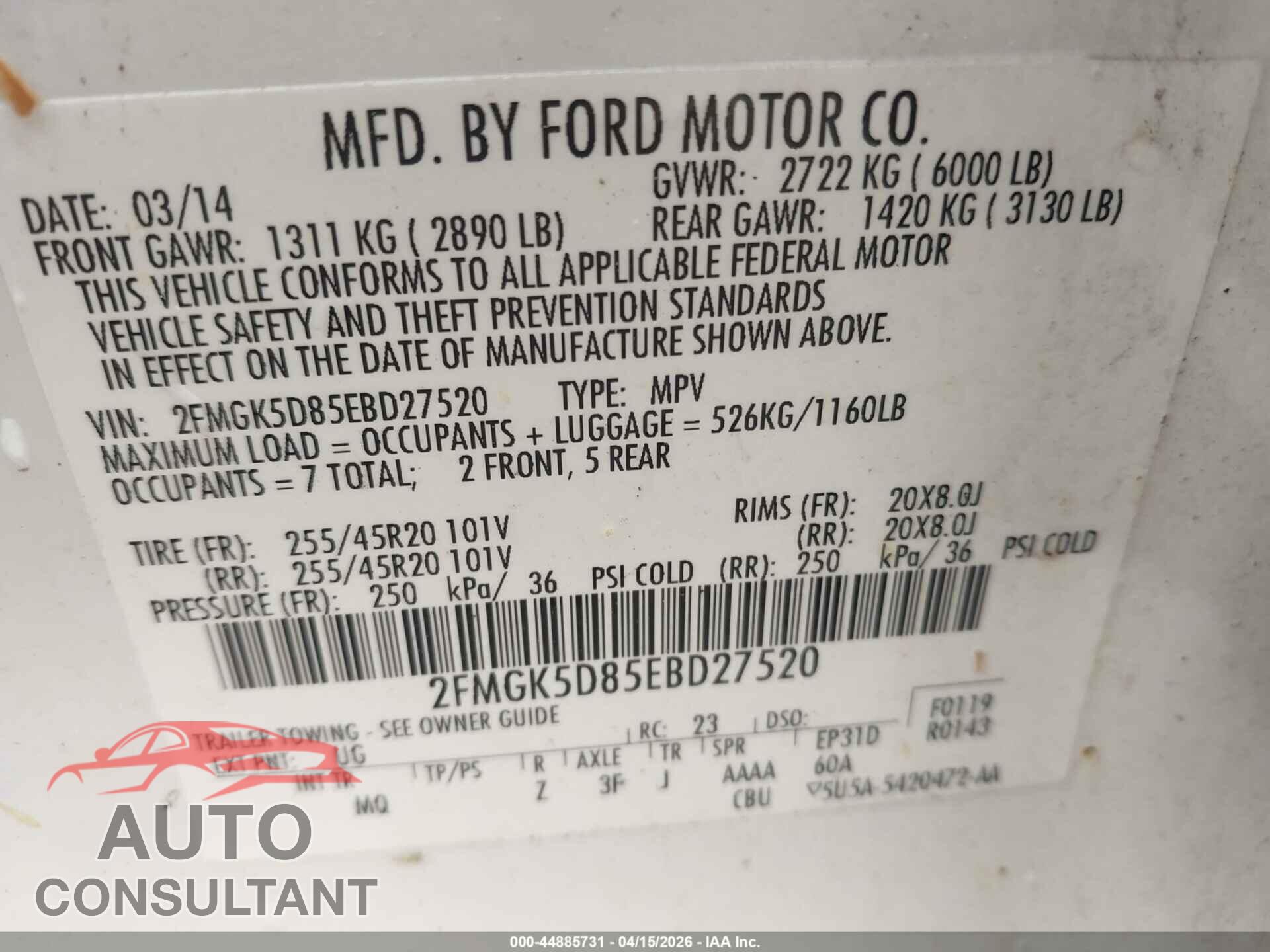 FORD FLEX 2014 - 2FMGK5D85EBD27520