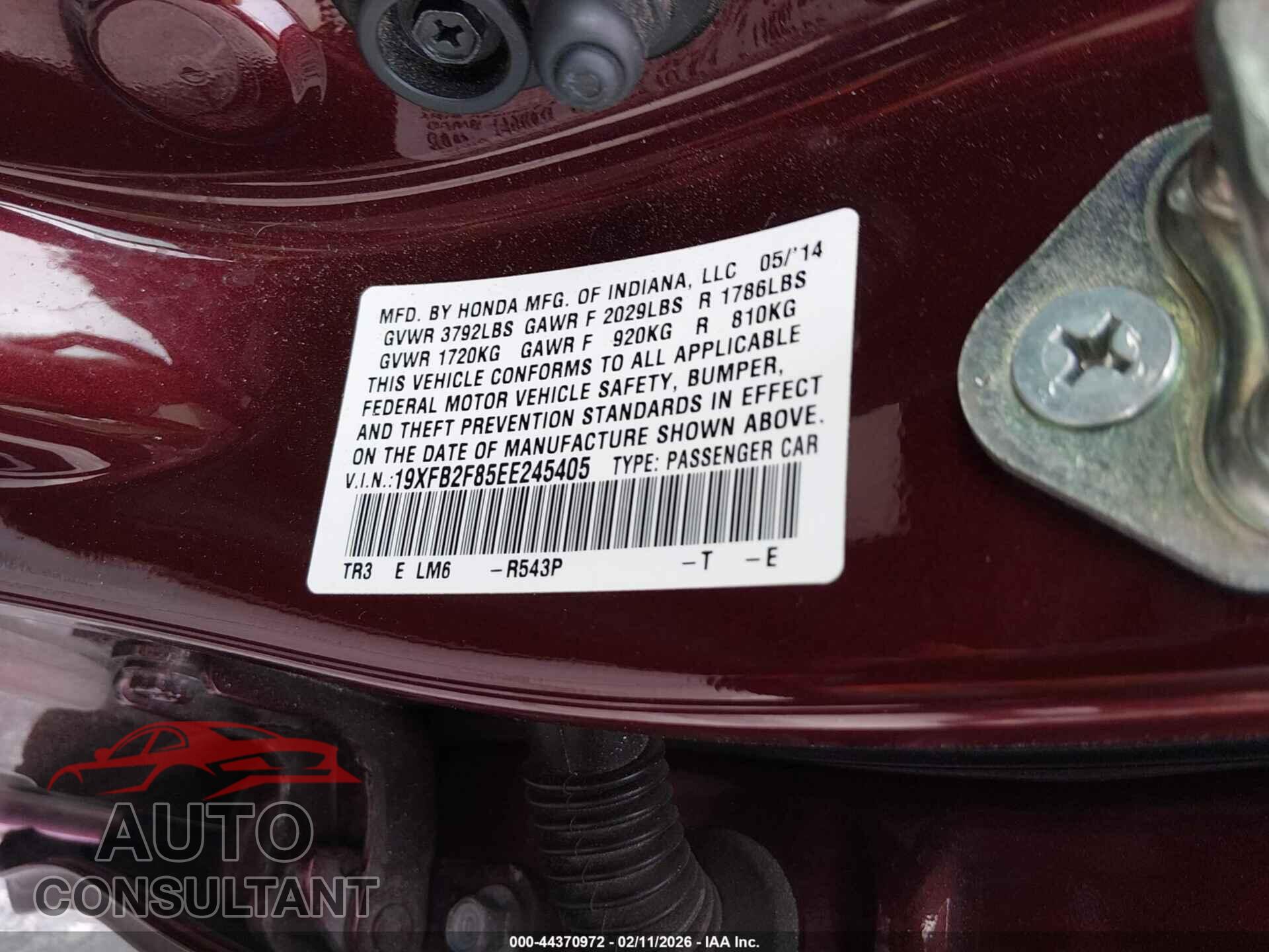 HONDA CIVIC 2014 - 19XFB2F85EE245405