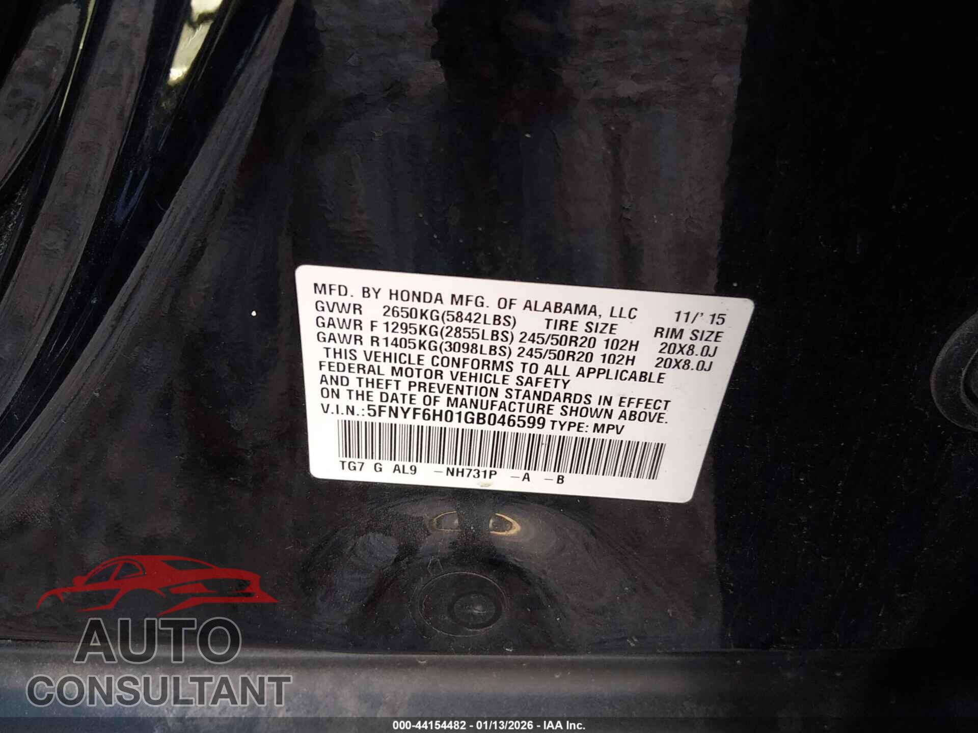 HONDA PILOT 2016 - 5FNYF6H01GB046599
