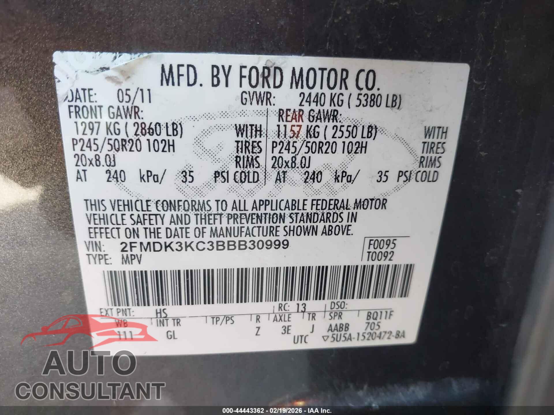 FORD EDGE 2011 - 2FMDK3KC3BBB30999