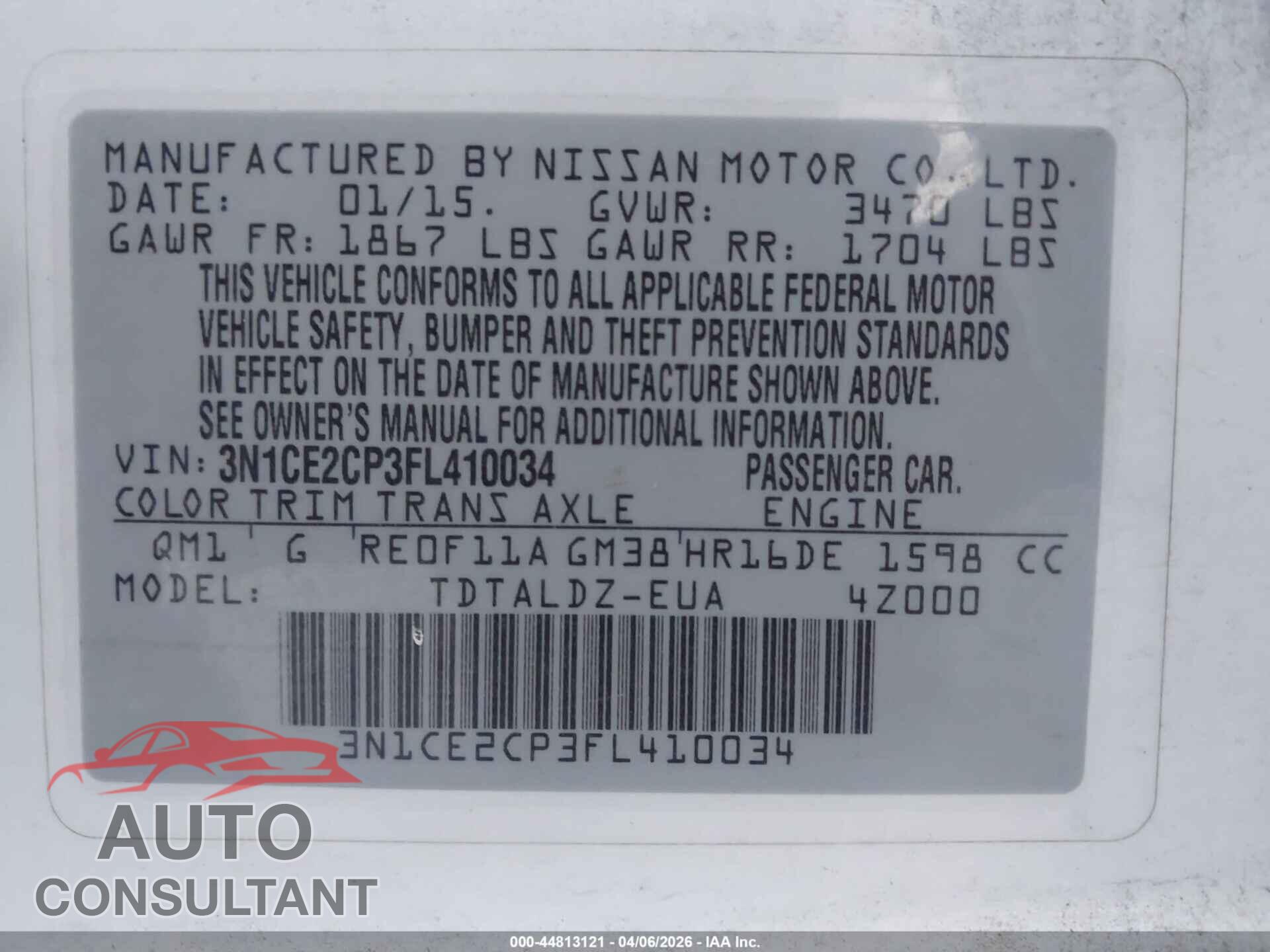 NISSAN VERSA NOTE 2015 - 3N1CE2CP3FL410034