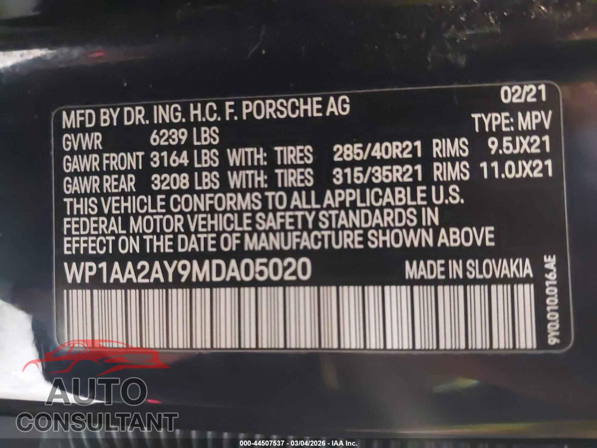 PORSCHE CAYENNE 2021 - WP1AA2AY9MDA05020