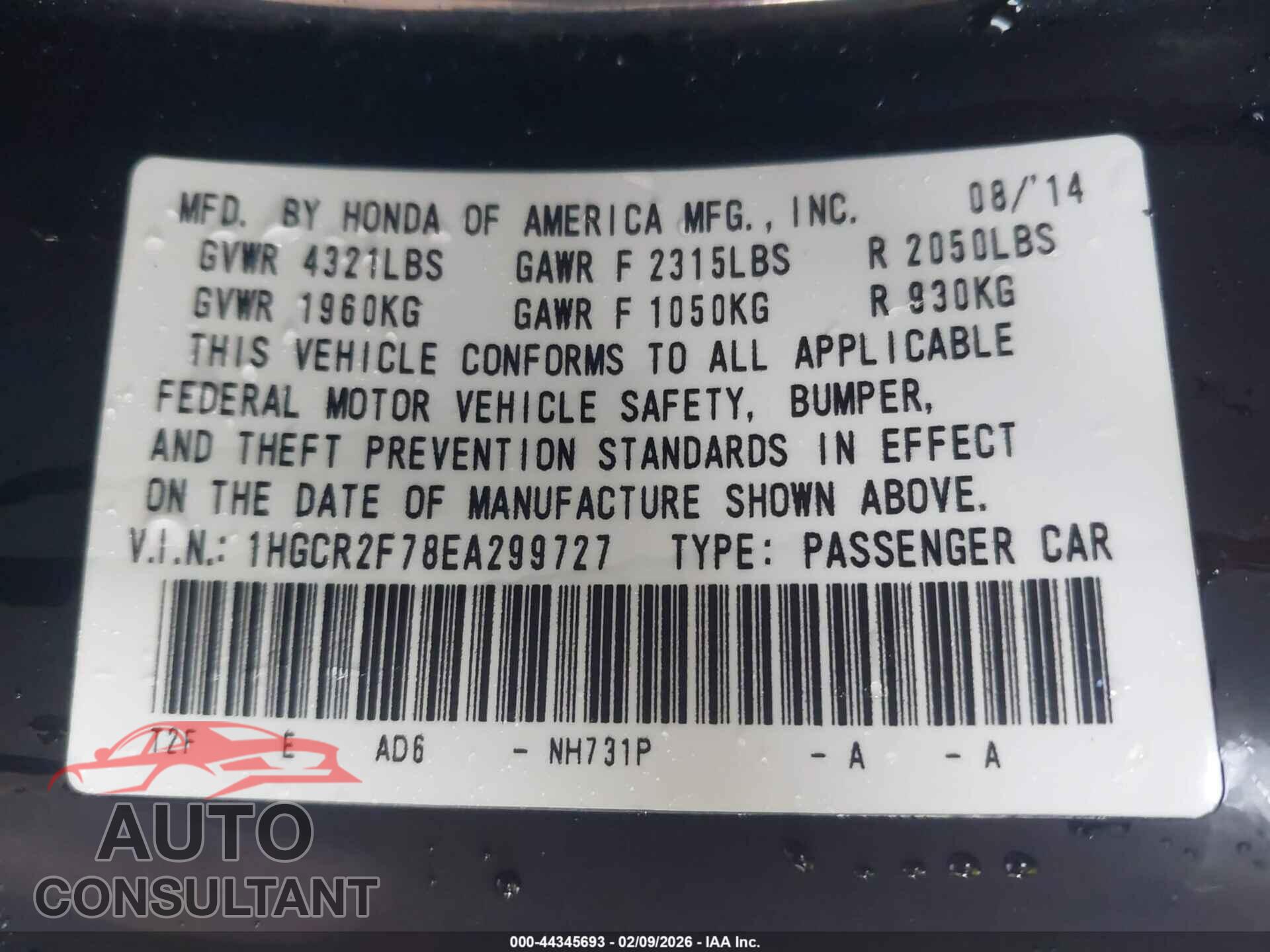 HONDA ACCORD 2014 - 1HGCR2F78EA299727