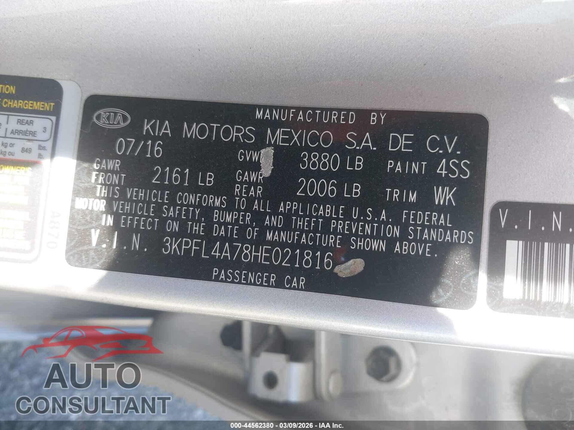 KIA FORTE 2017 - 3KPFL4A78HE021816