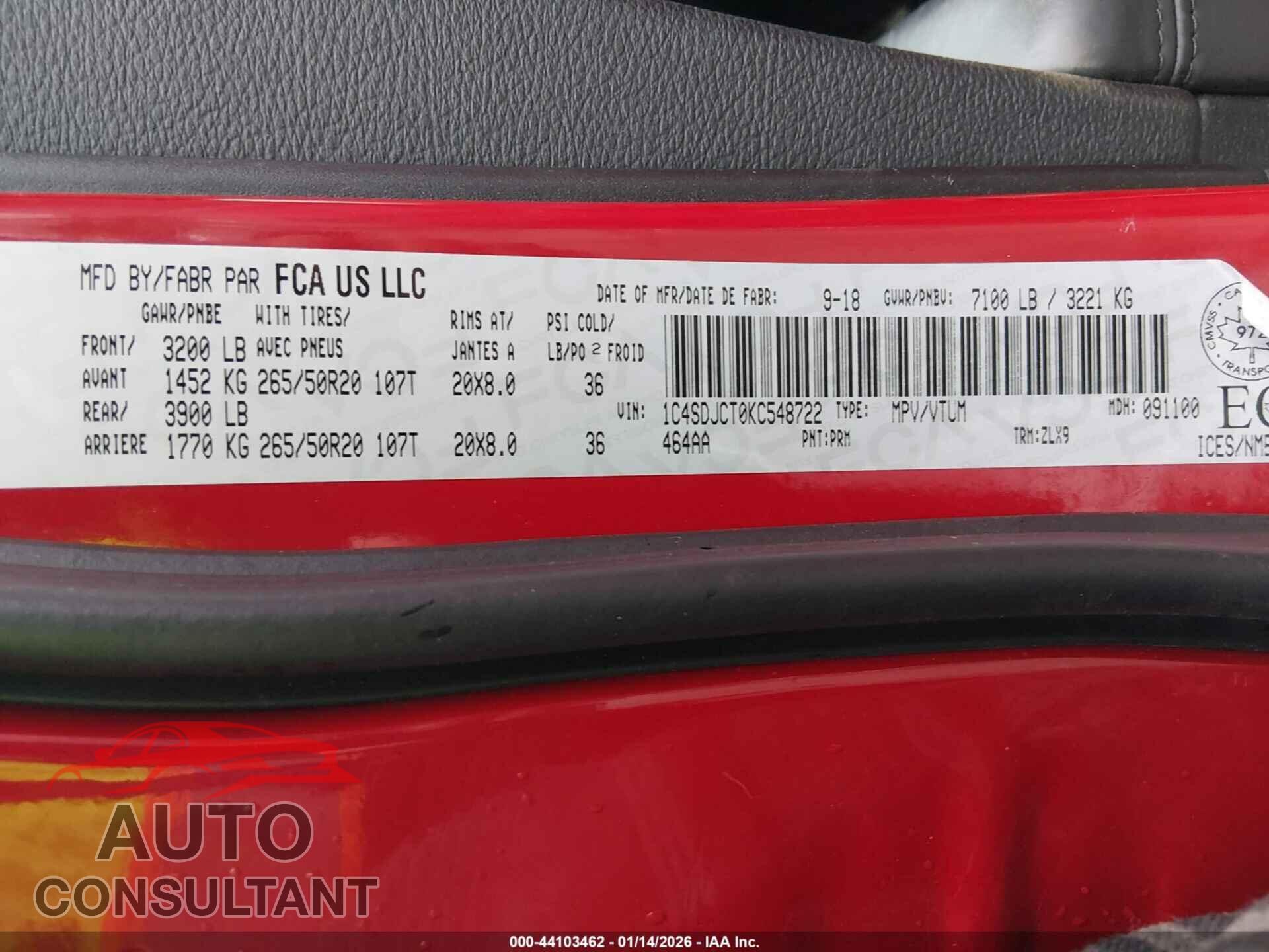DODGE DURANGO 2019 - 1C4SDJCT0KC548722