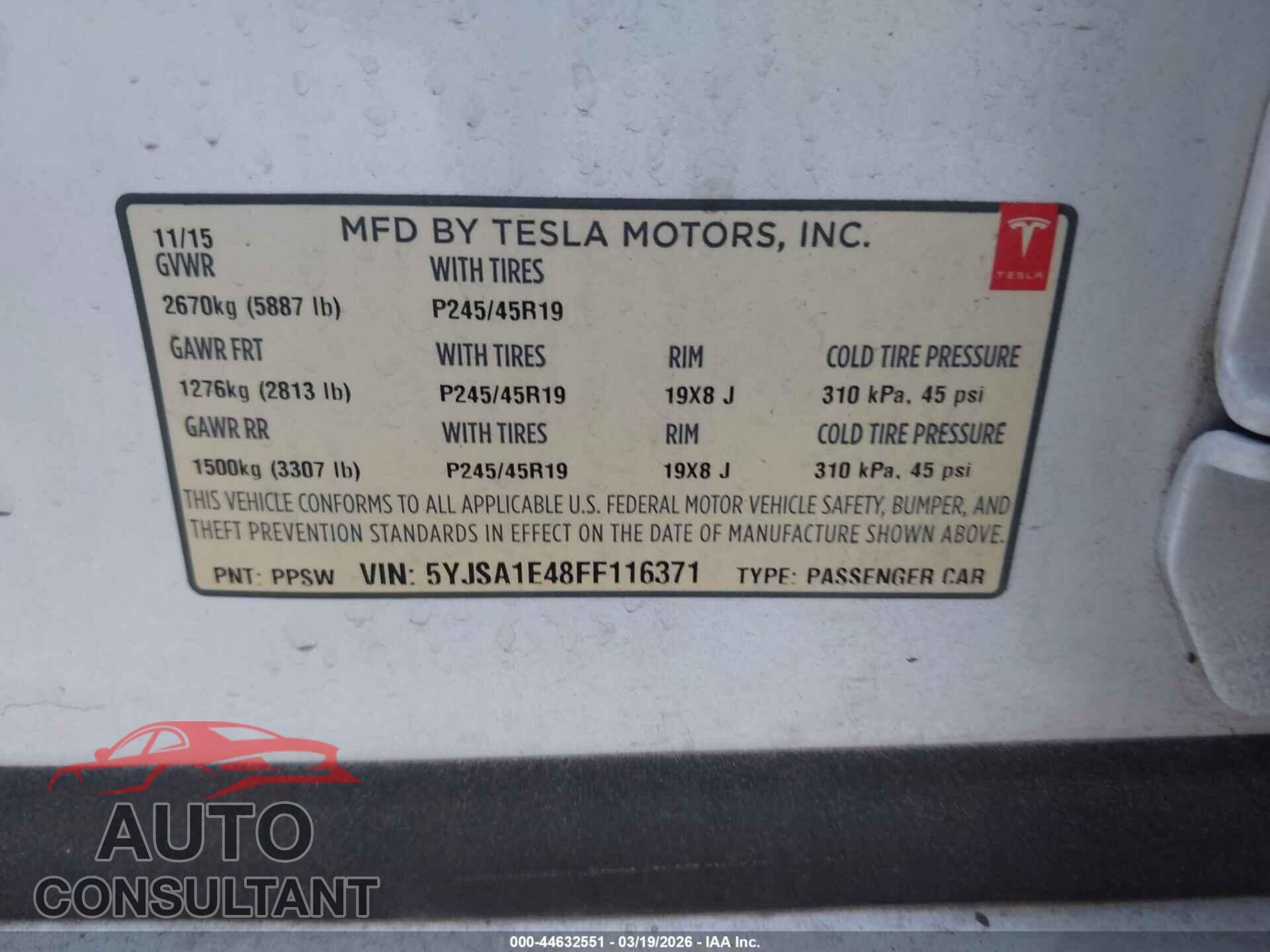 TESLA MODEL S 2015 - 5YJSA1E48FF116371