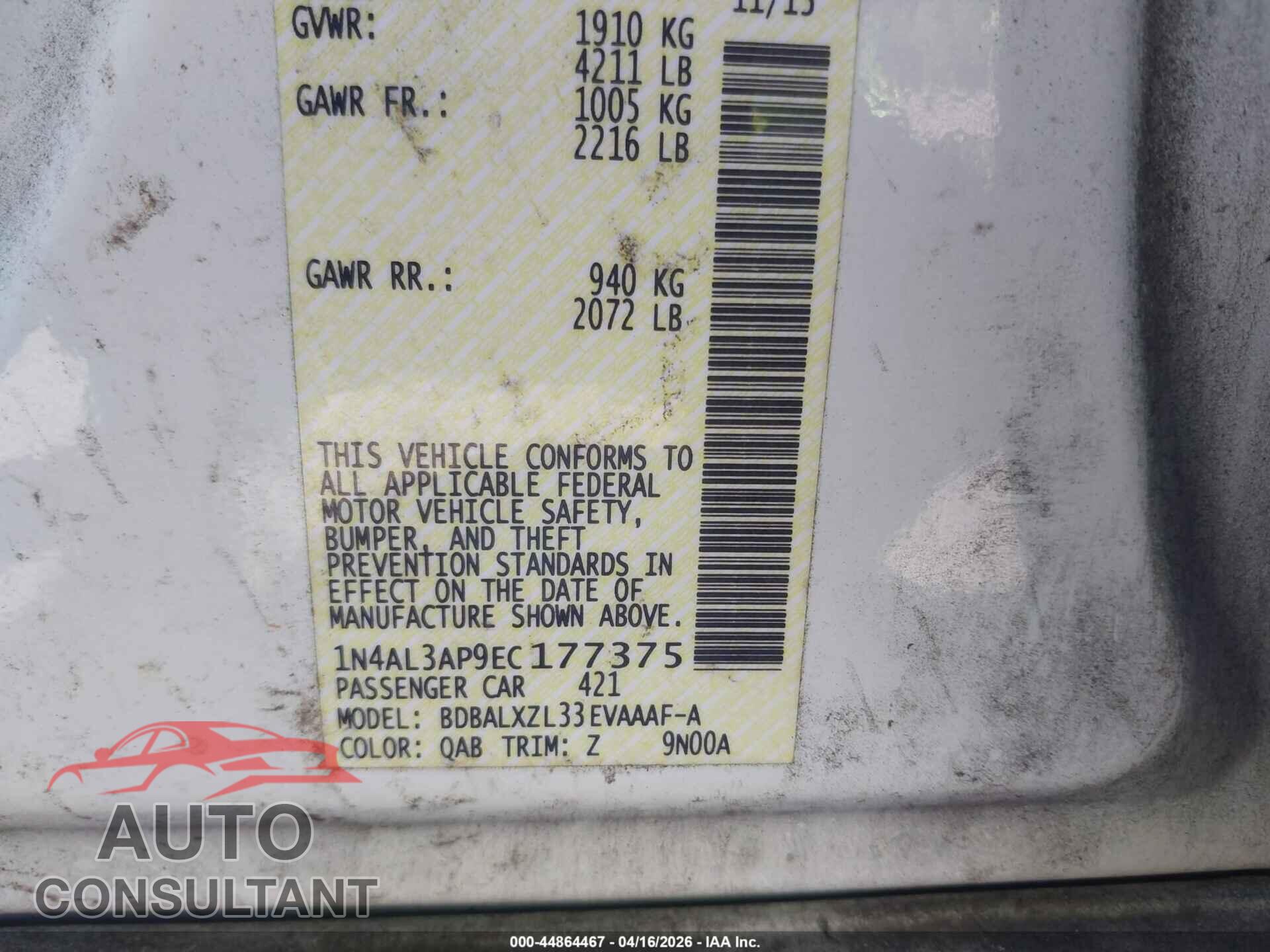 NISSAN ALTIMA 2014 - 1N4AL3AP9EC177375