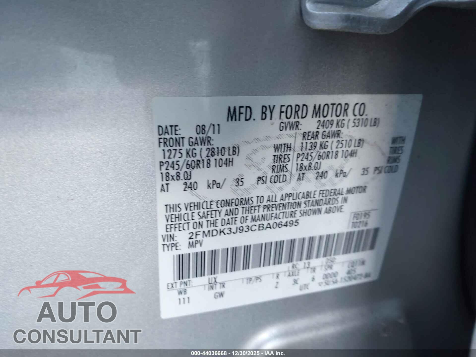 FORD EDGE 2012 - 2FMDK3J93CBA06495