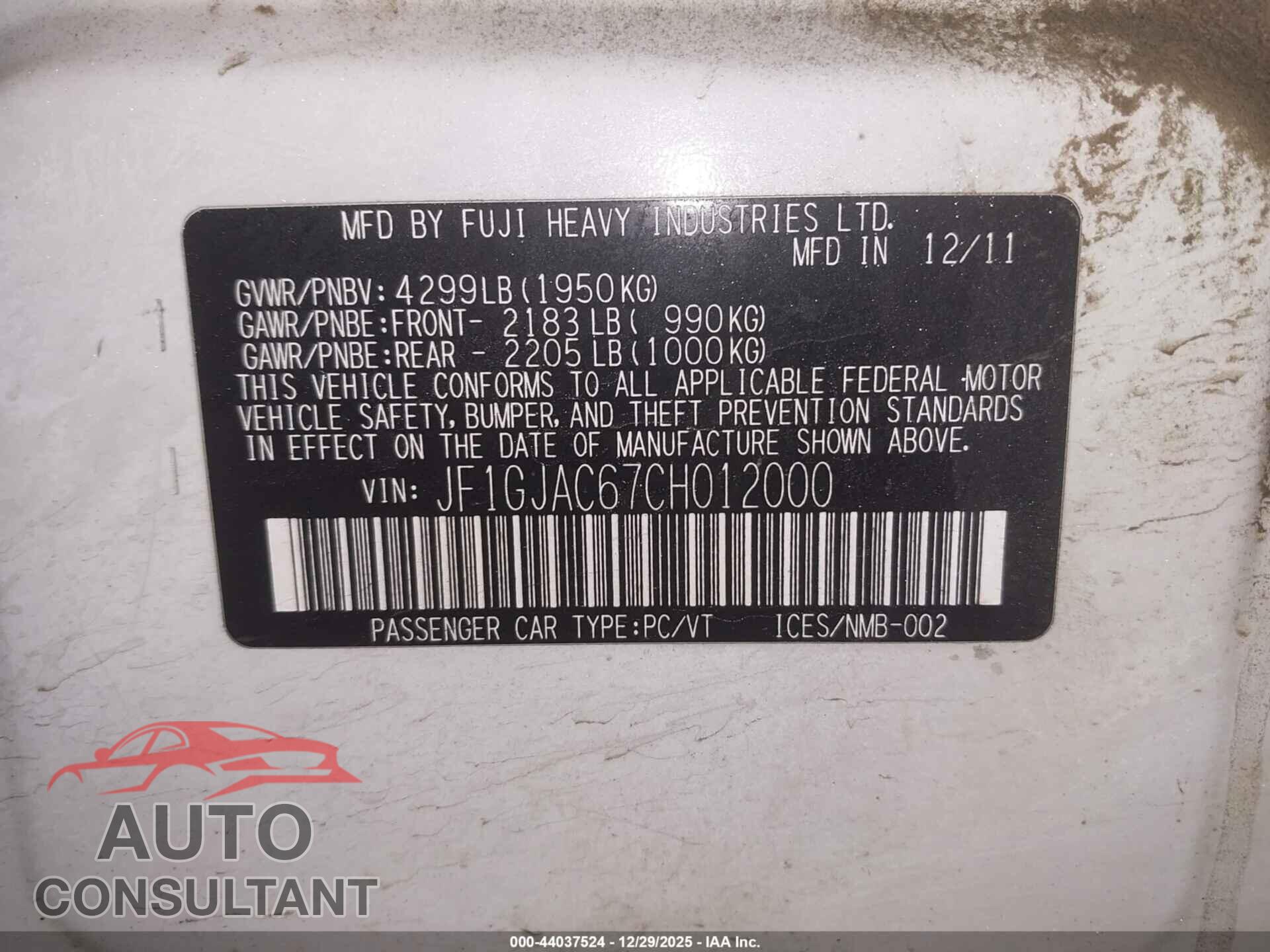 SUBARU IMPREZA 2012 - JF1GJAC67CH012000