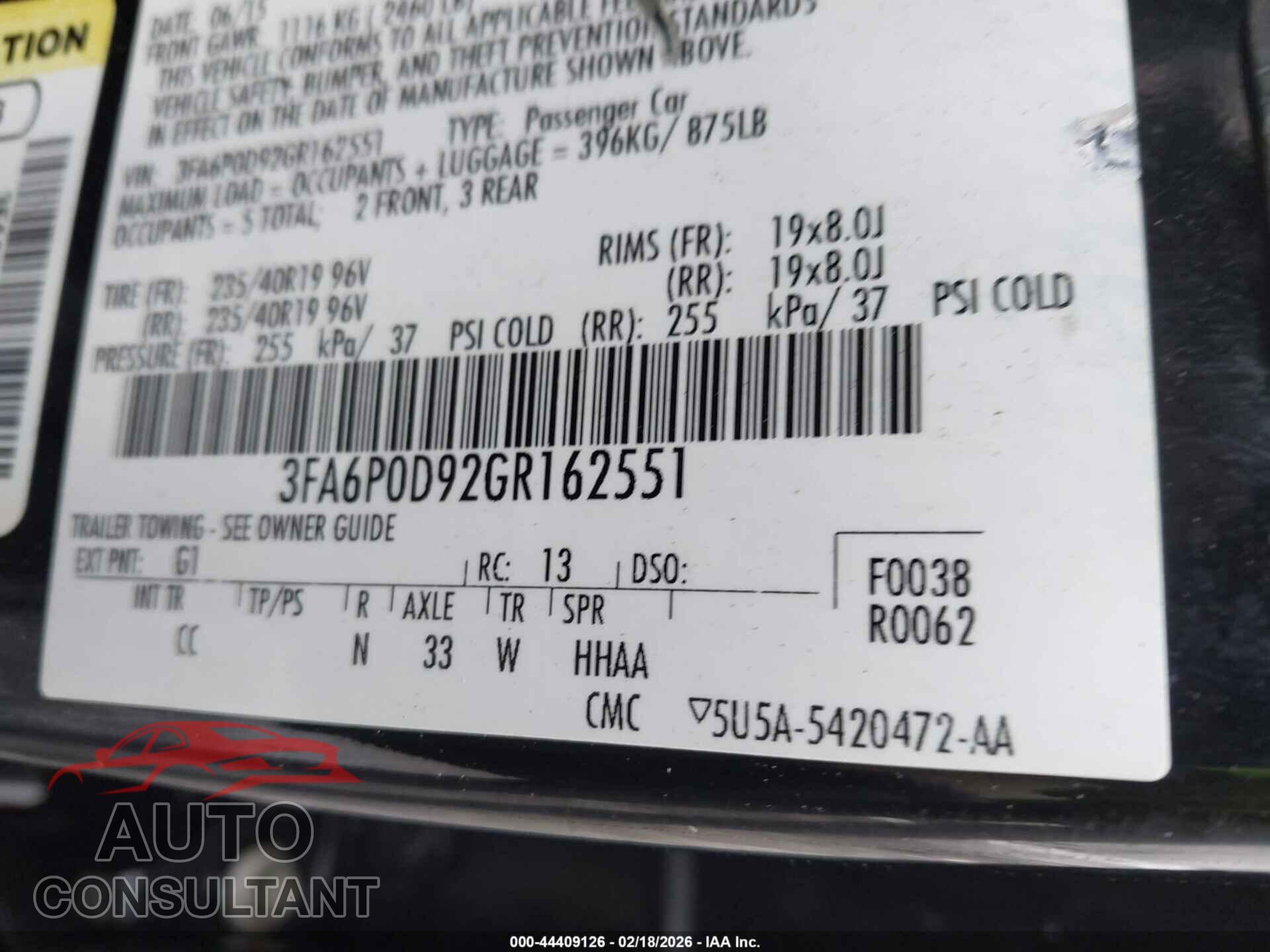 FORD FUSION 2016 - 3FA6P0D92GR162551