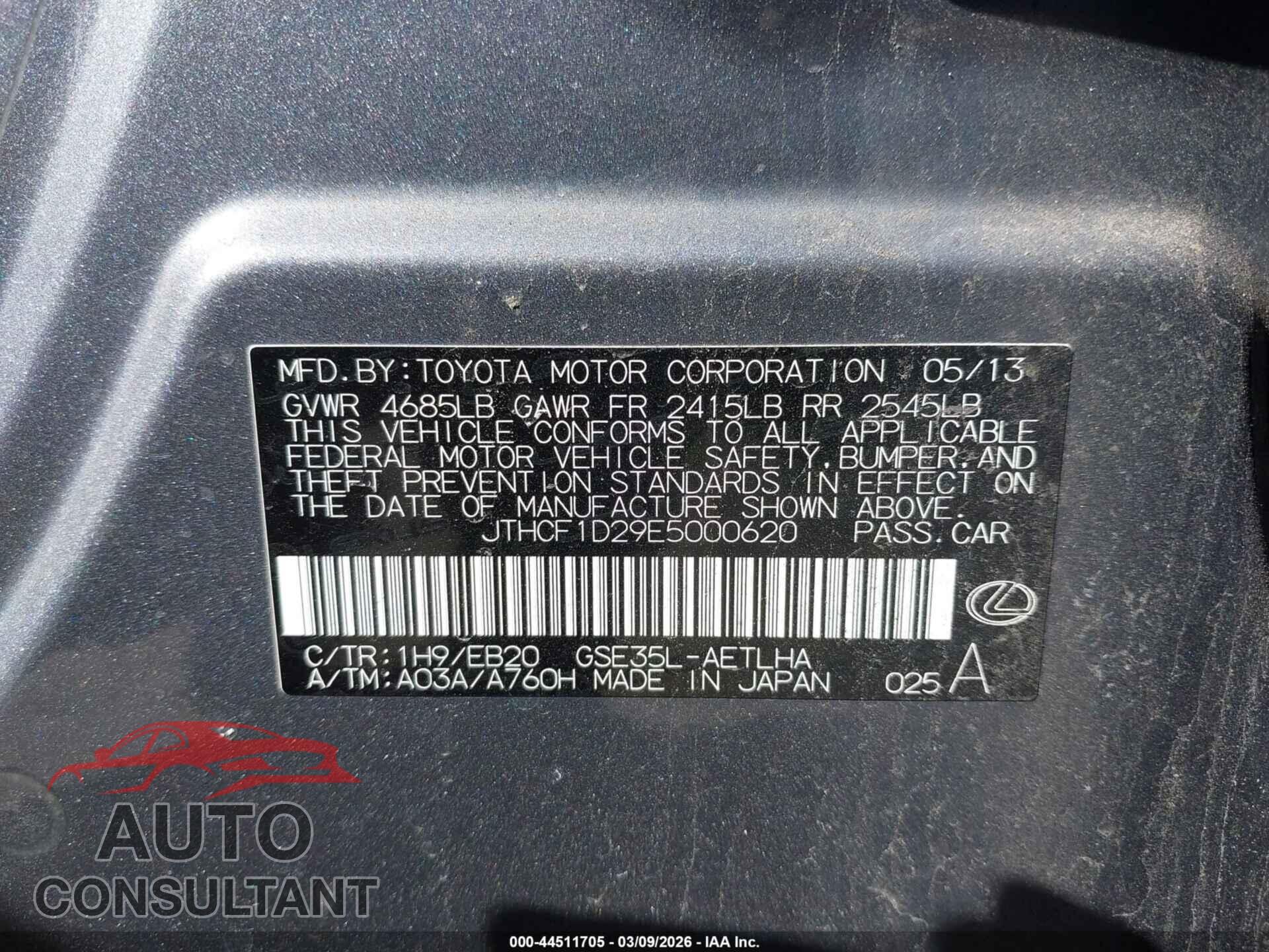 LEXUS IS 250 2014 - JTHCF1D29E5000620