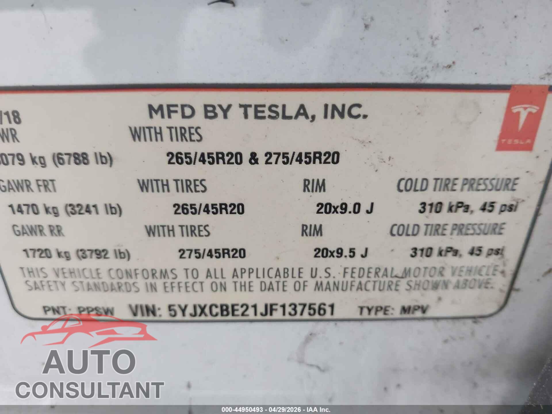 TESLA MODEL X 2018 - 5YJXCBE21JF137561