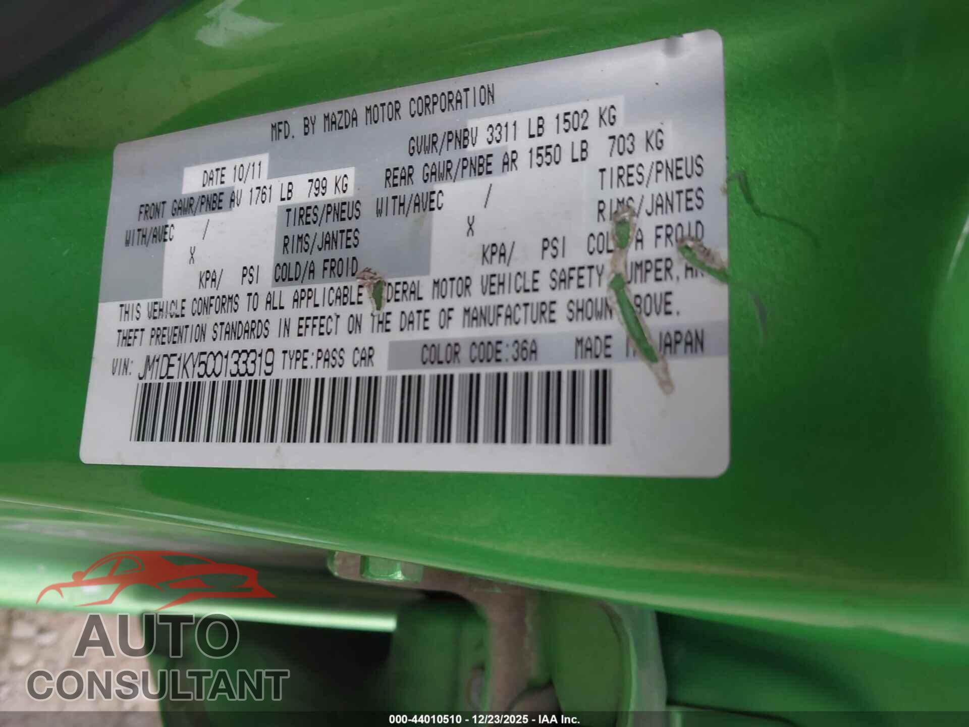 MAZDA MAZDA2 2012 - JM1DE1KY5C0133319