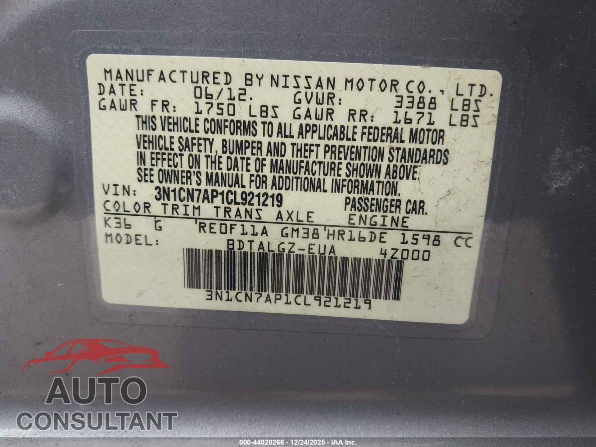 NISSAN VERSA 2012 - 3N1CN7AP1CL921219