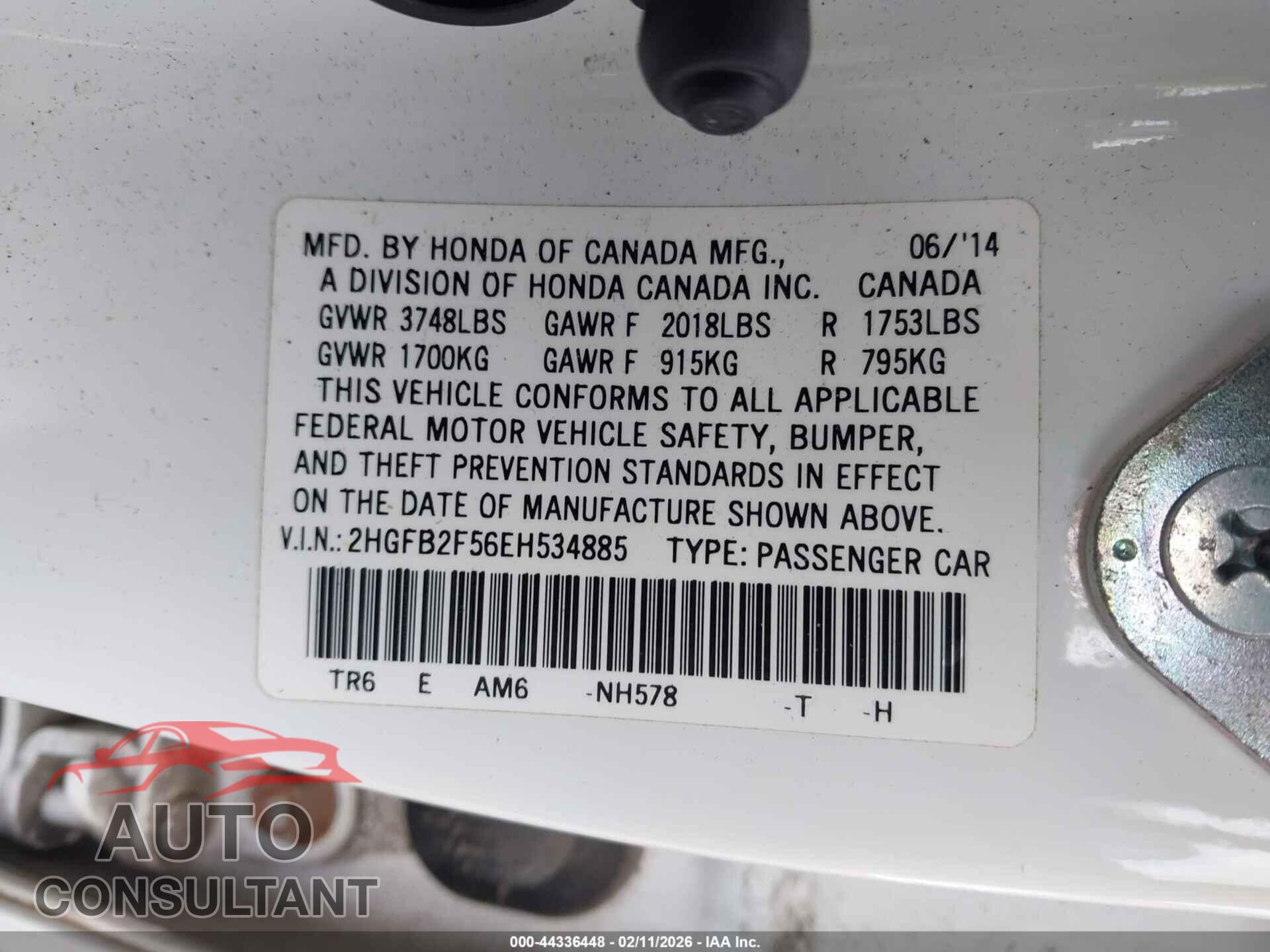 HONDA CIVIC 2014 - 2HGFB2F56EH534885