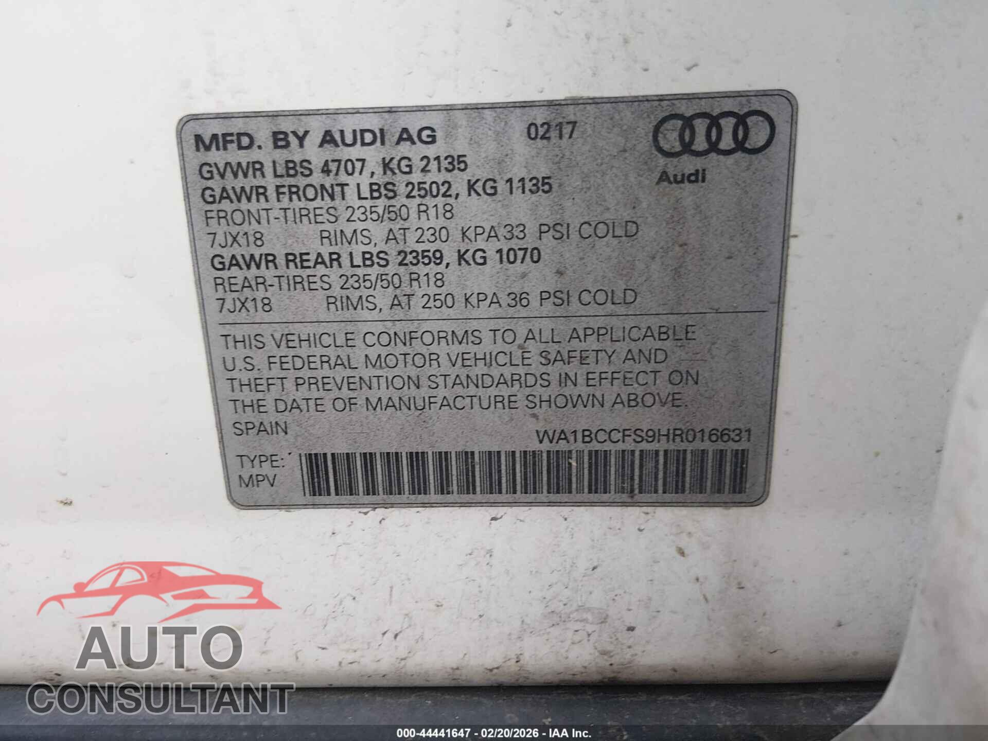 AUDI Q3 2017 - WA1BCCFS9HR016631