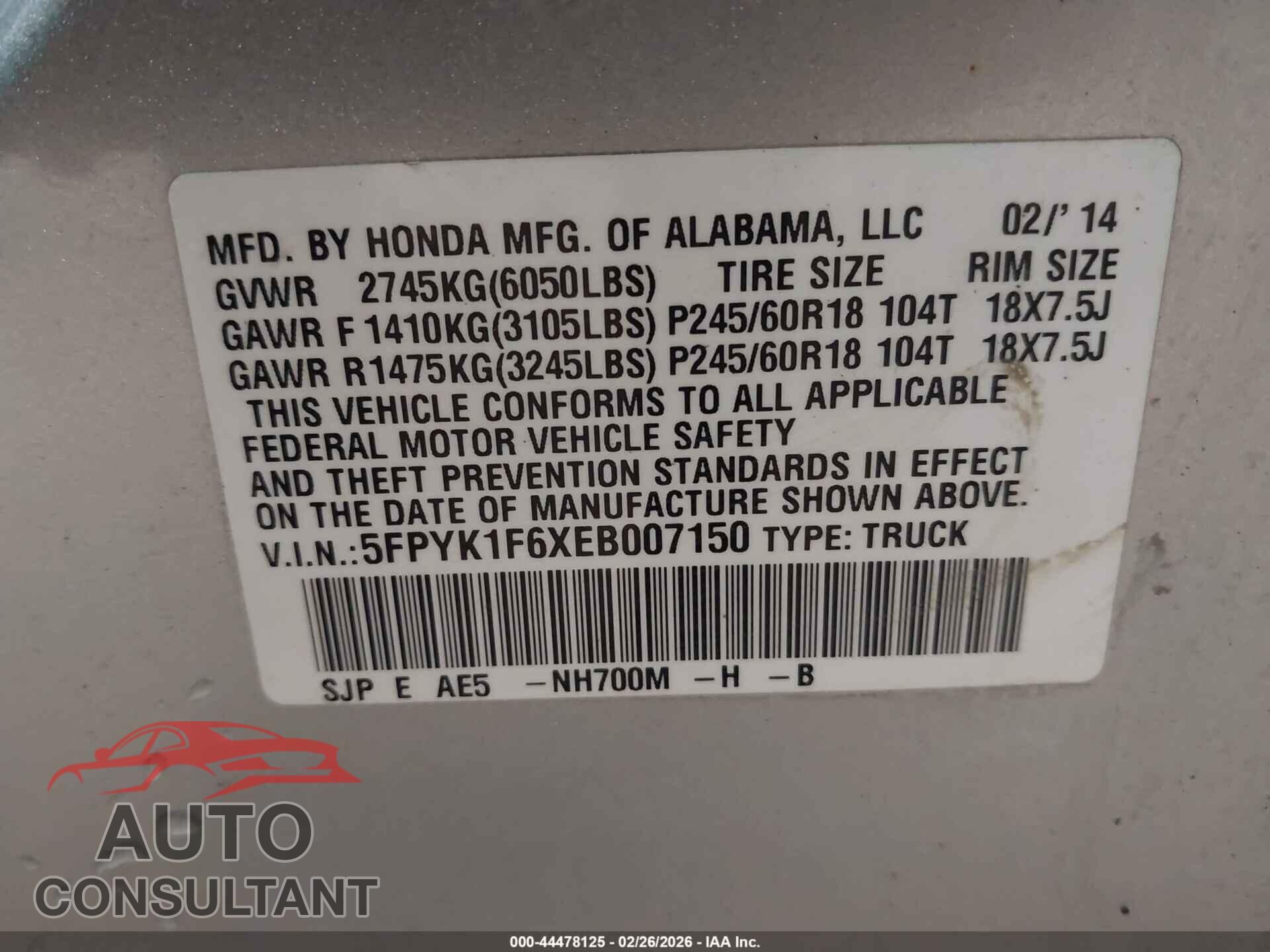 HONDA RIDGELINE 2014 - 5FPYK1F6XEB007150
