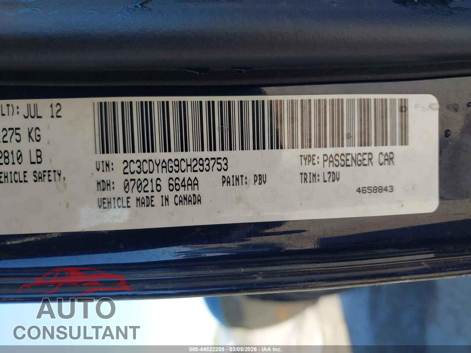 DODGE CHALLENGER 2012 - 2C3CDYAG9CH293753