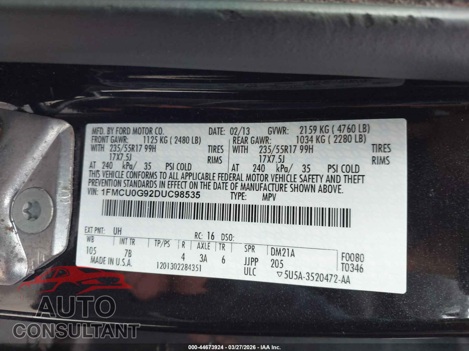 FORD ESCAPE 2013 - 1FMCU0G92DUC98535