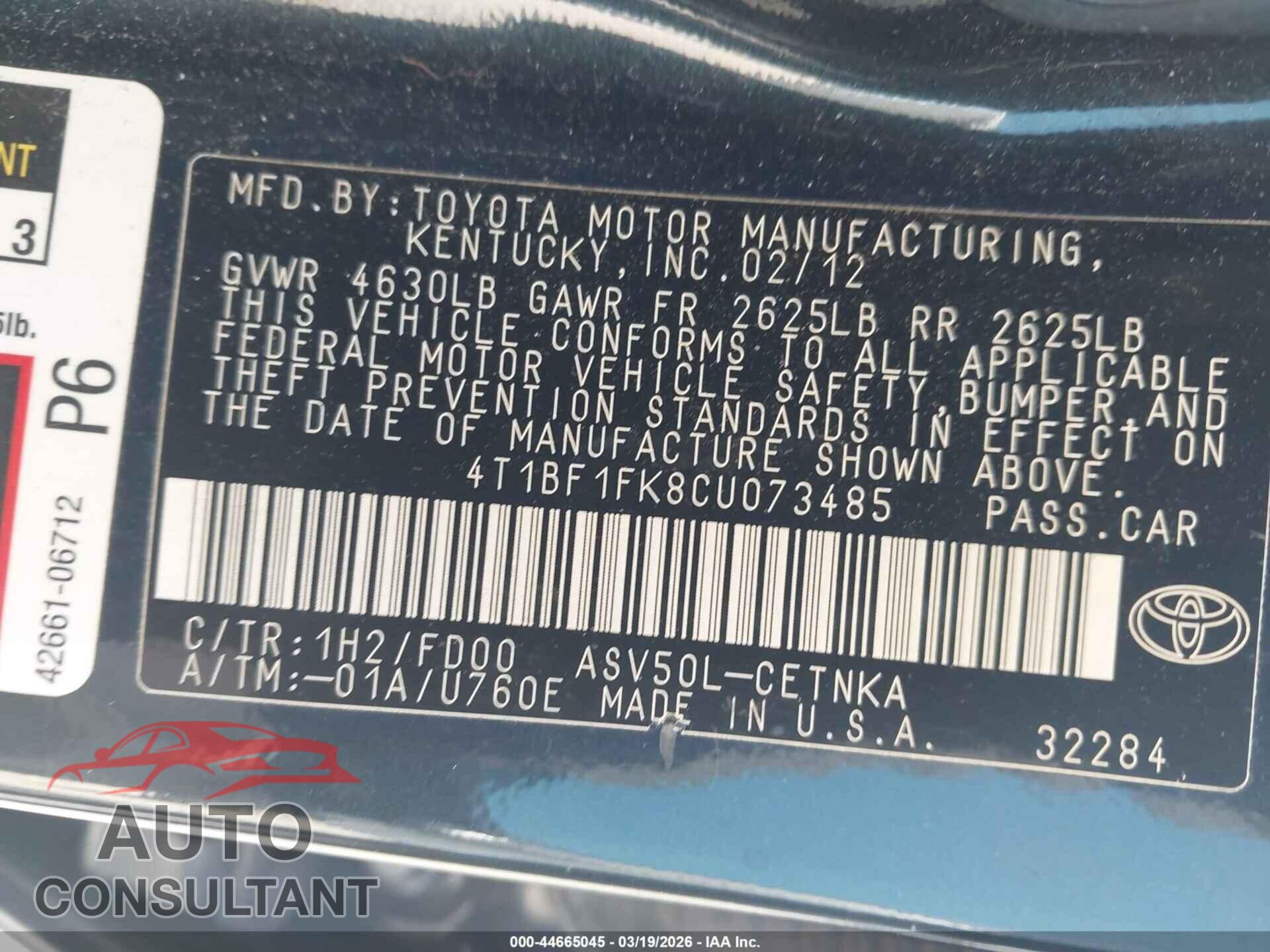 TOYOTA CAMRY 2012 - 4T1BF1FK8CU073485
