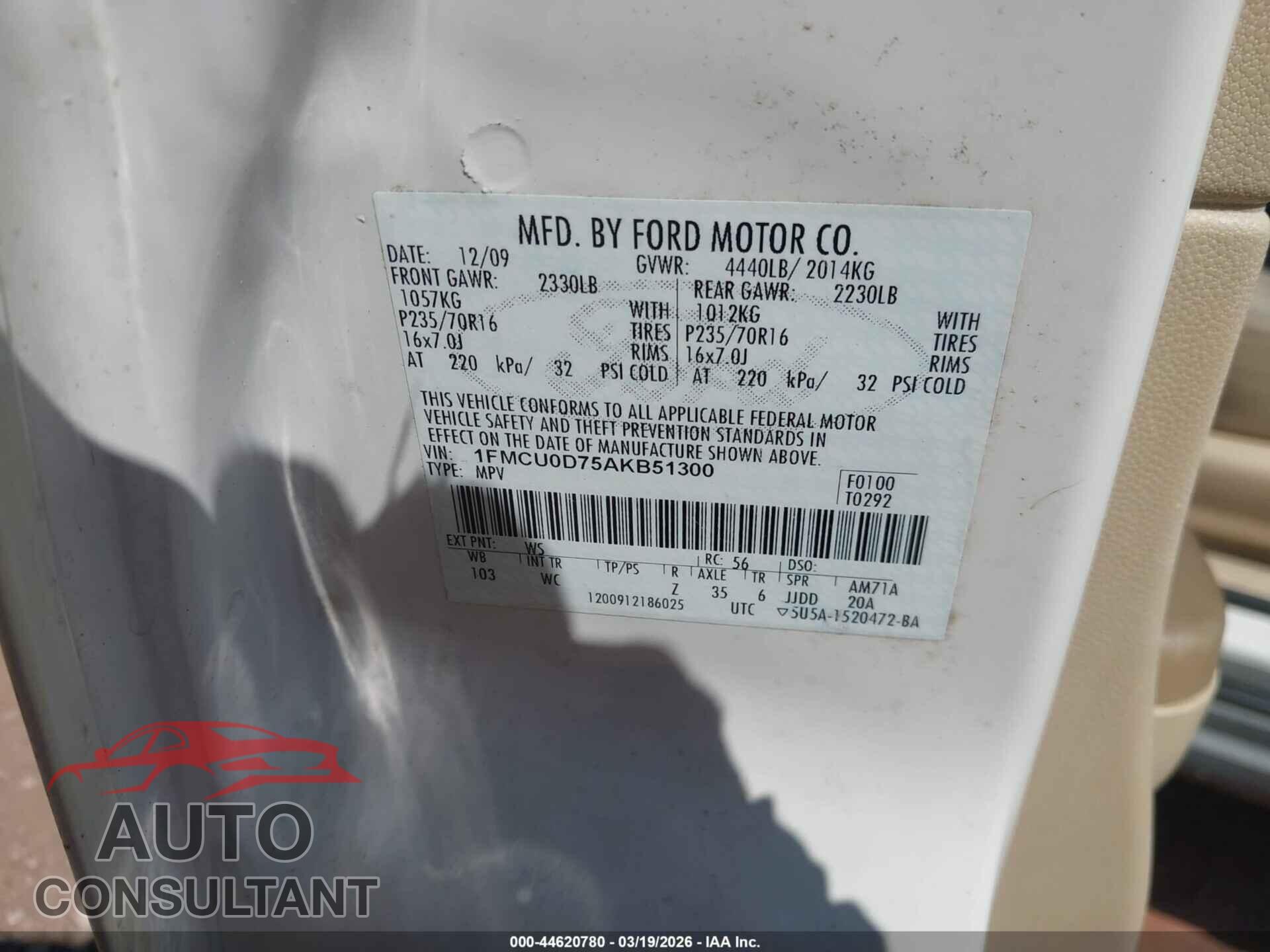 FORD ESCAPE 2010 - 1FMCU0D75AKB51300